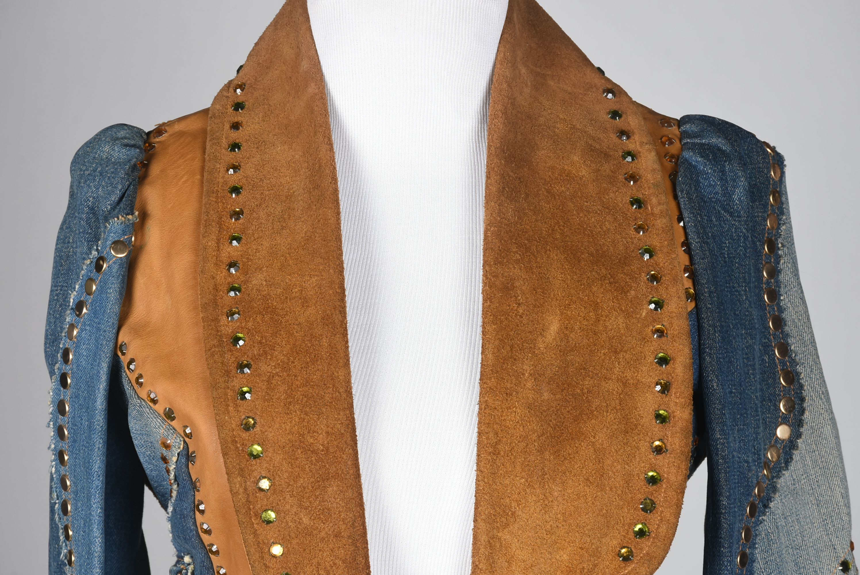 70s Vintage Bohemian Patchwork Embellished Jean and Suede Leather Jacket with Tails