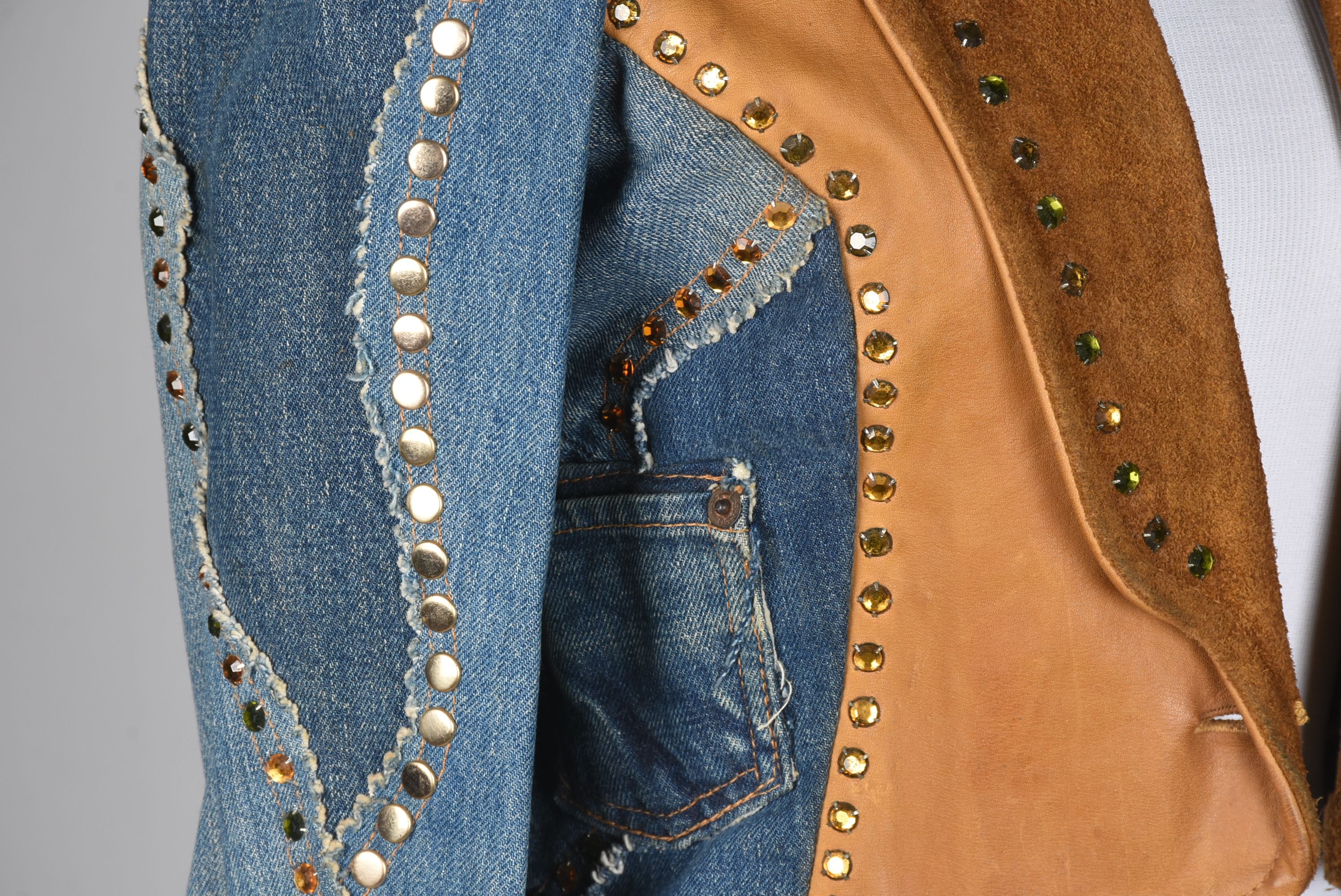 70s Vintage Bohemian Patchwork Embellished Jean and Suede Leather Jacket with Tails