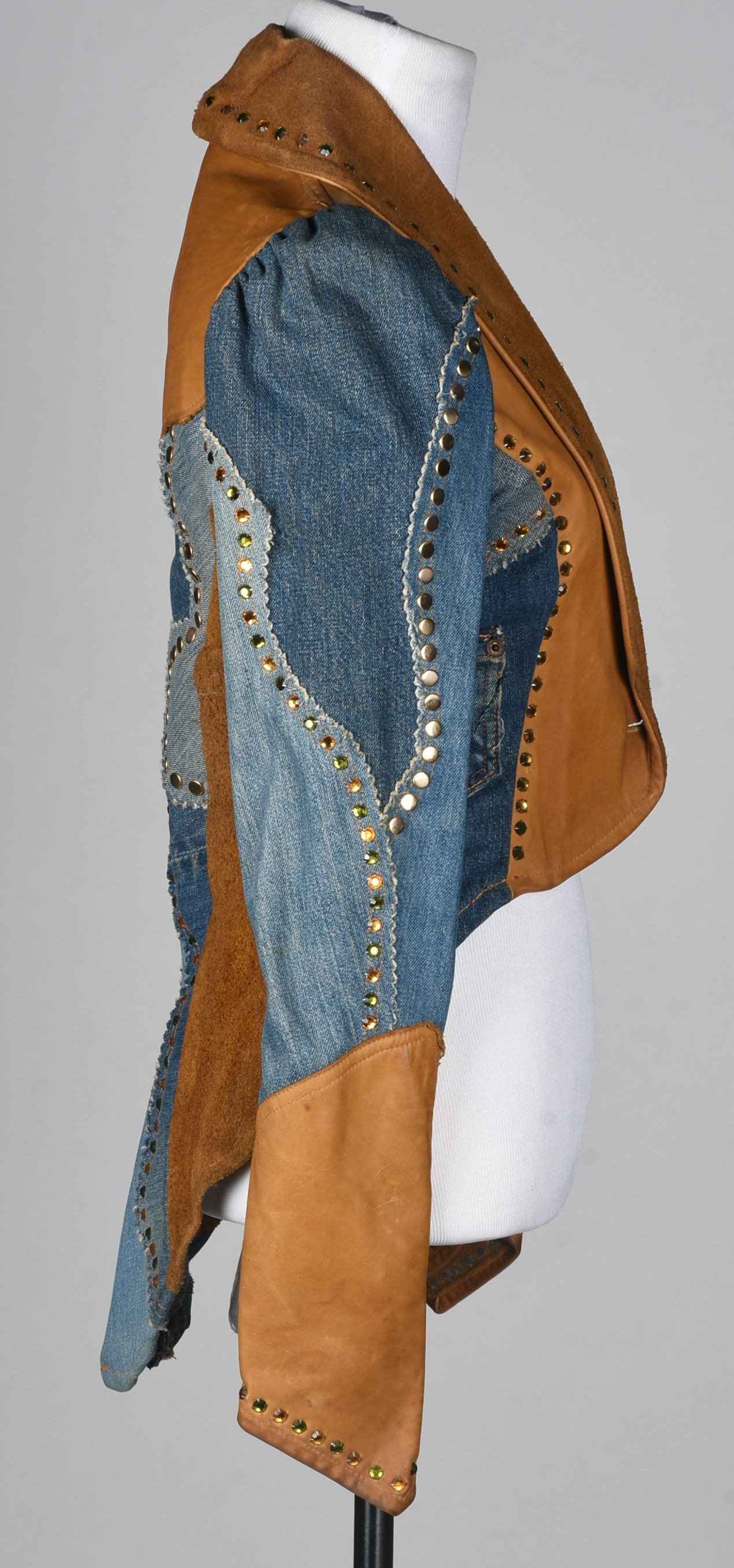 70s Vintage Bohemian Patchwork Embellished Jean and Suede Leather Jacket with Tails