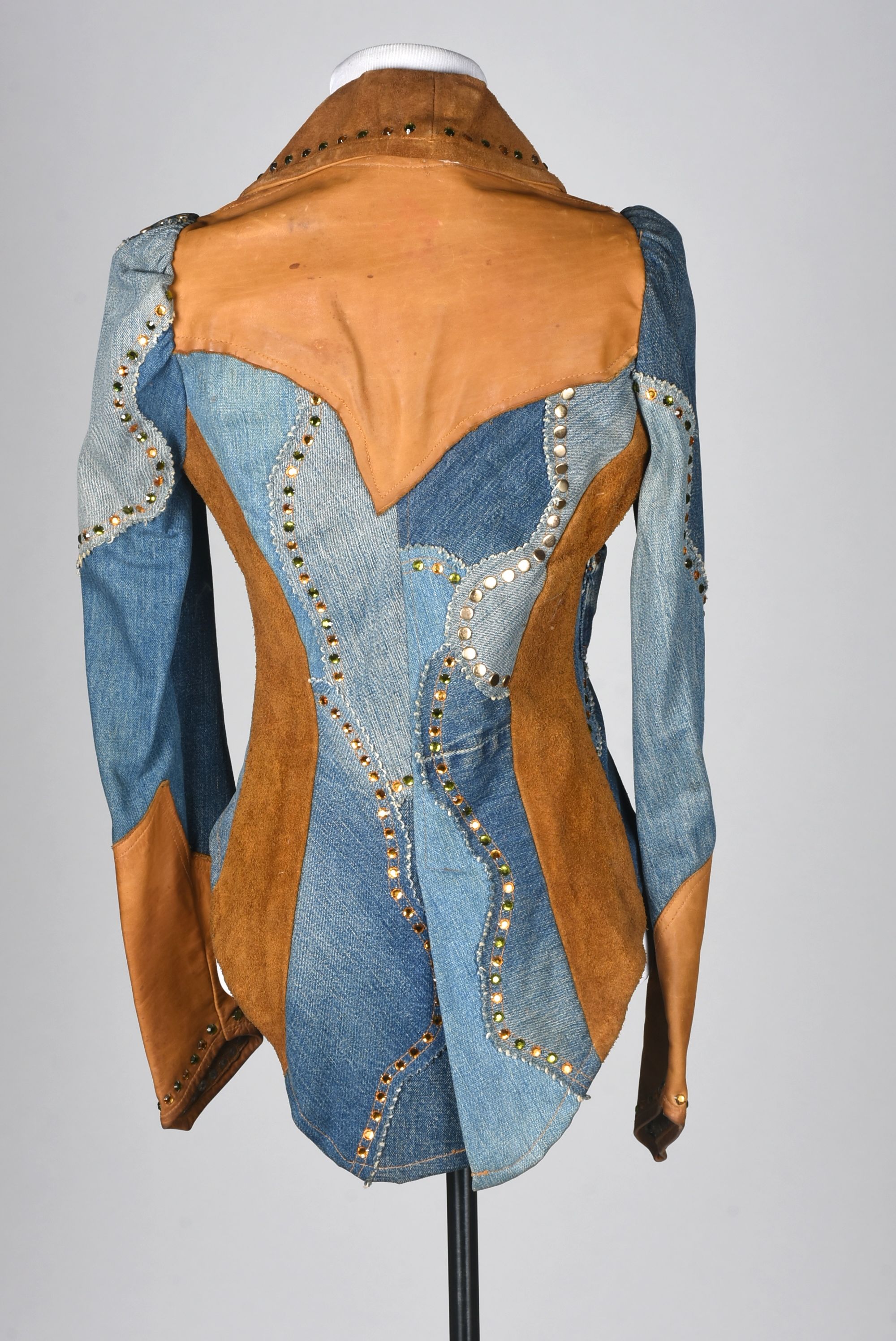 70s Vintage Bohemian Patchwork Embellished Jean and Suede Leather Jacket with Tails