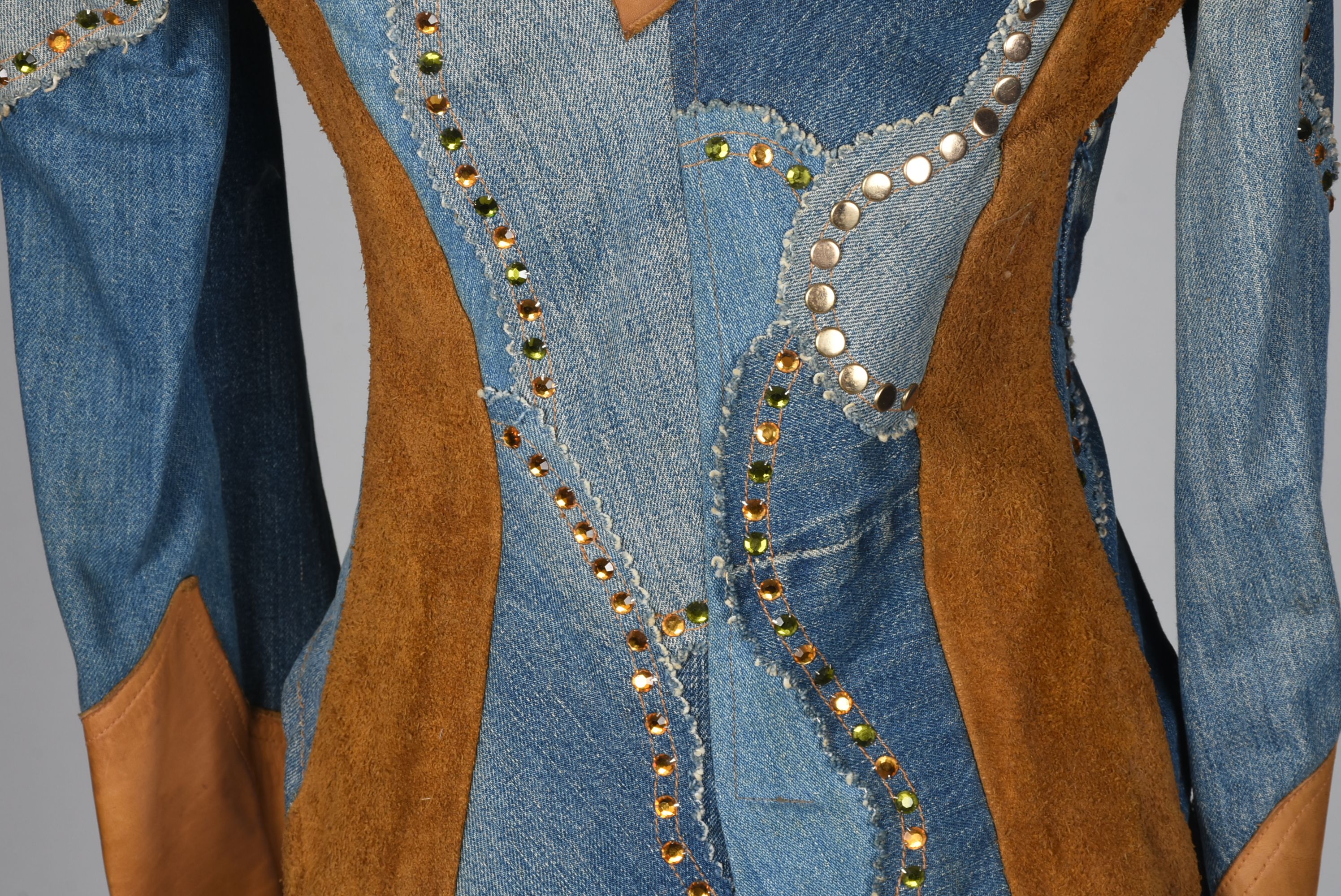 70s Vintage Bohemian Patchwork Embellished Jean and Suede Leather Jacket with Tails
