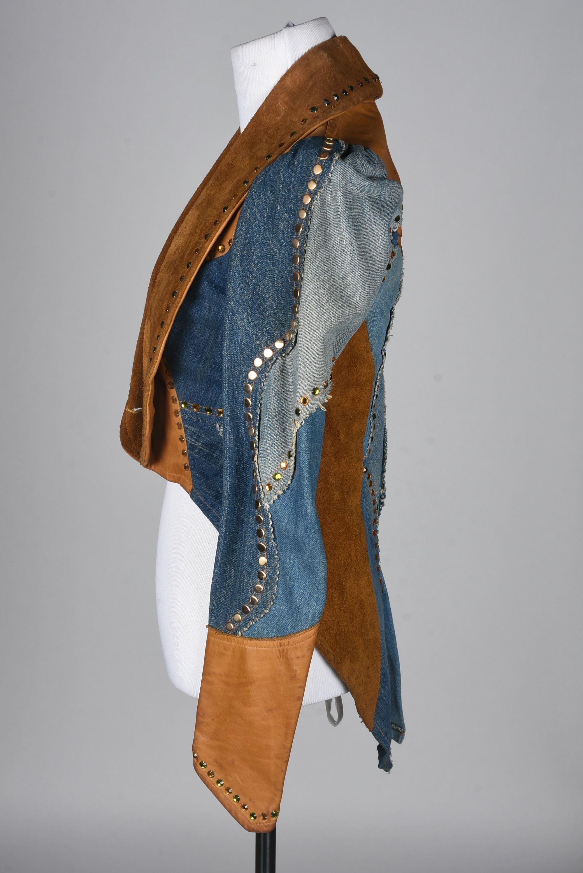 70s Vintage Bohemian Patchwork Embellished Jean and Suede Leather Jacket with Tails