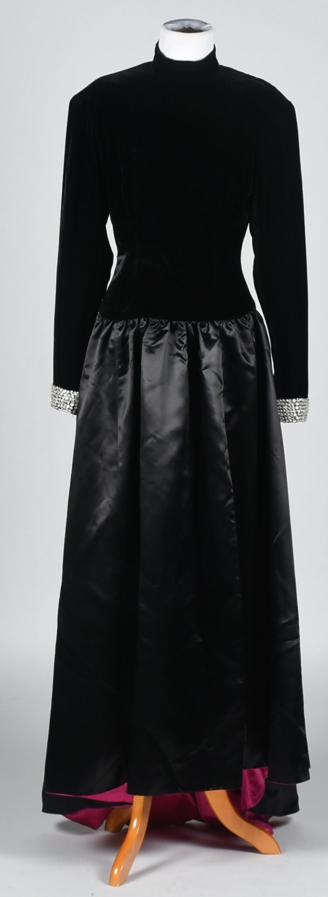 Black Velvet and Satin Formal Gown Trimmed in Hot Pink Satin with Matching Shoulder Wrap Tanya Wore at an ACM Awards Show in 1993