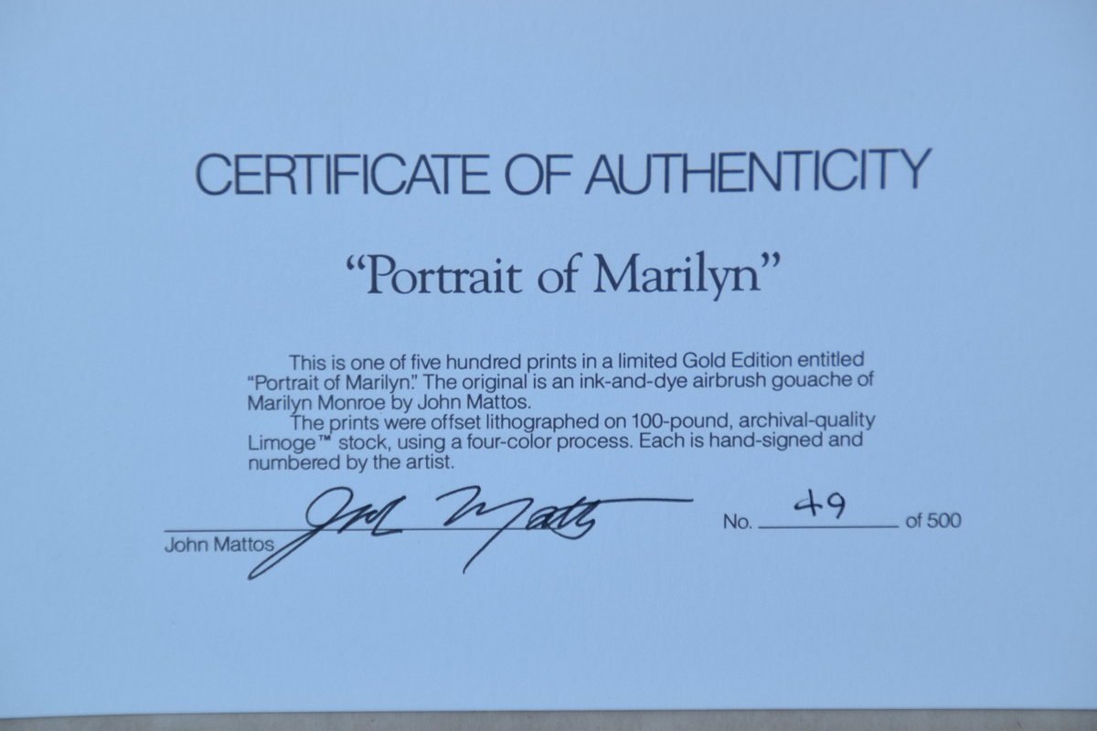 John Mattos "Portrait of Marilyn" Offset Lithograph With COA
