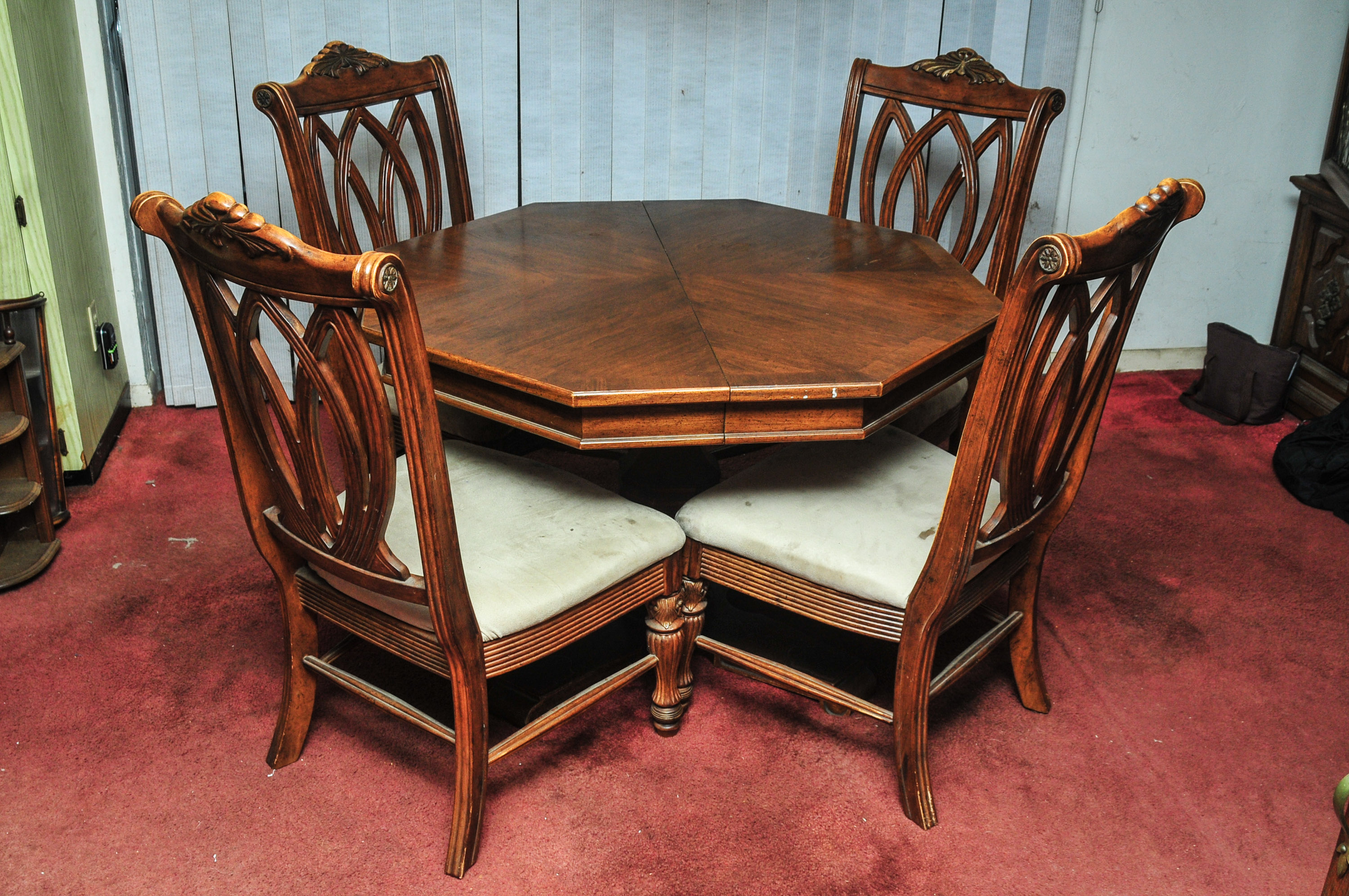 Octagon Shaped Wooden Table and Set of Four Chairs
