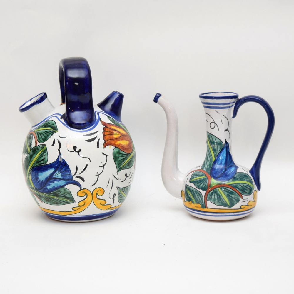 Talavera Mexican Pottery Matching Large Water Vessel and Pitcher