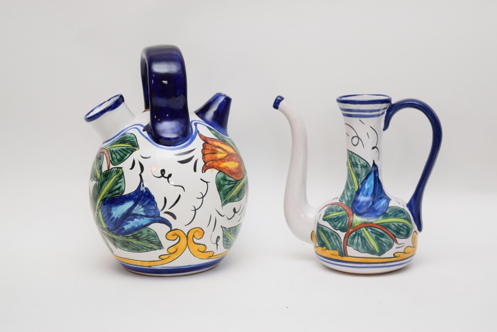 Talavera Mexican Pottery Matching Large Water Vessel and Pitcher