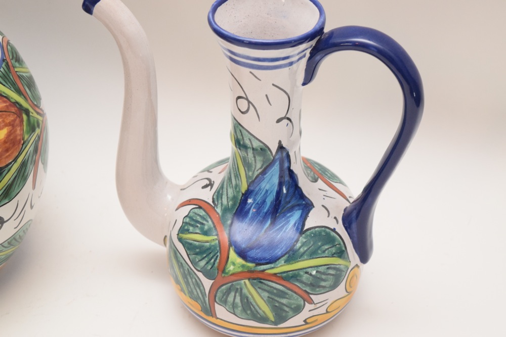 Talavera Mexican Pottery Matching Large Water Vessel and Pitcher