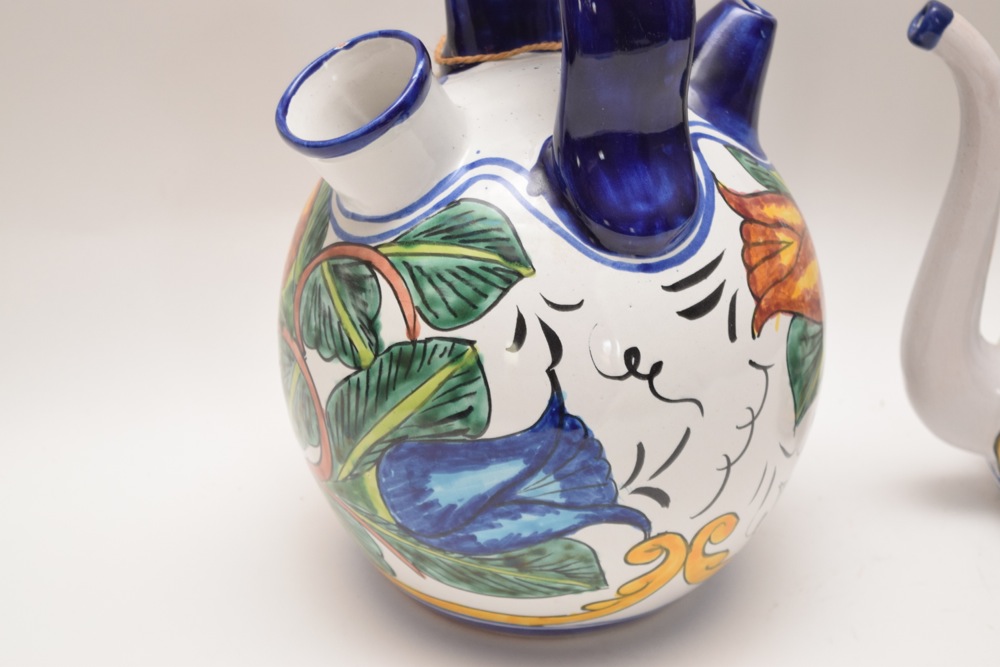 Talavera Mexican Pottery Matching Large Water Vessel and Pitcher