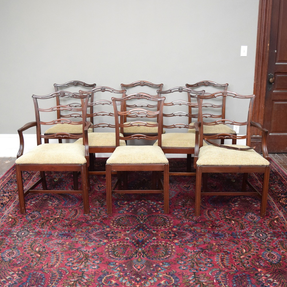 Eight Mahogany Mid-Century Chippendale Style Dining Chairs