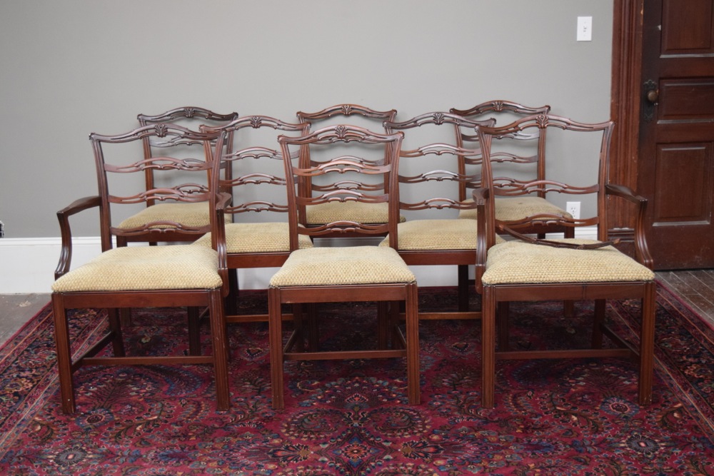 Eight Mahogany Mid-Century Chippendale Style Dining Chairs