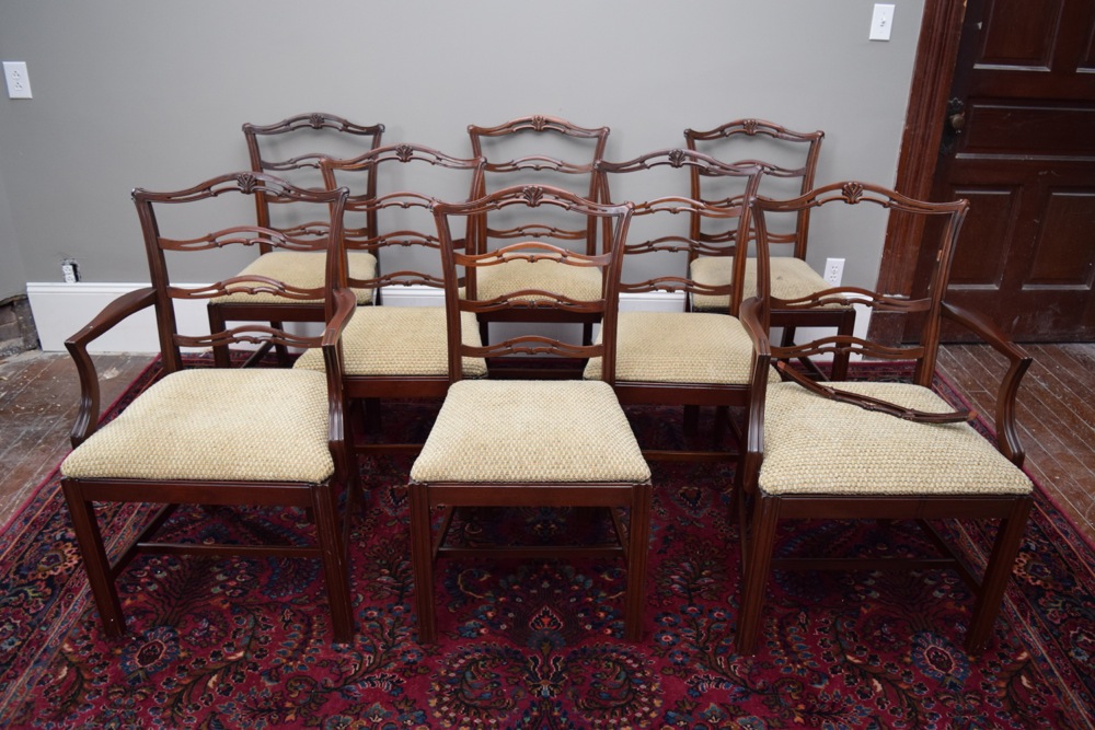 Eight Mahogany Mid-Century Chippendale Style Dining Chairs