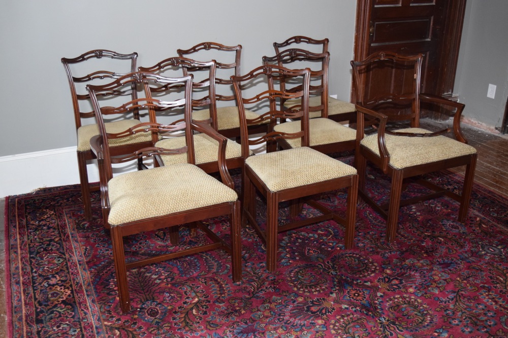 Eight Mahogany Mid-Century Chippendale Style Dining Chairs
