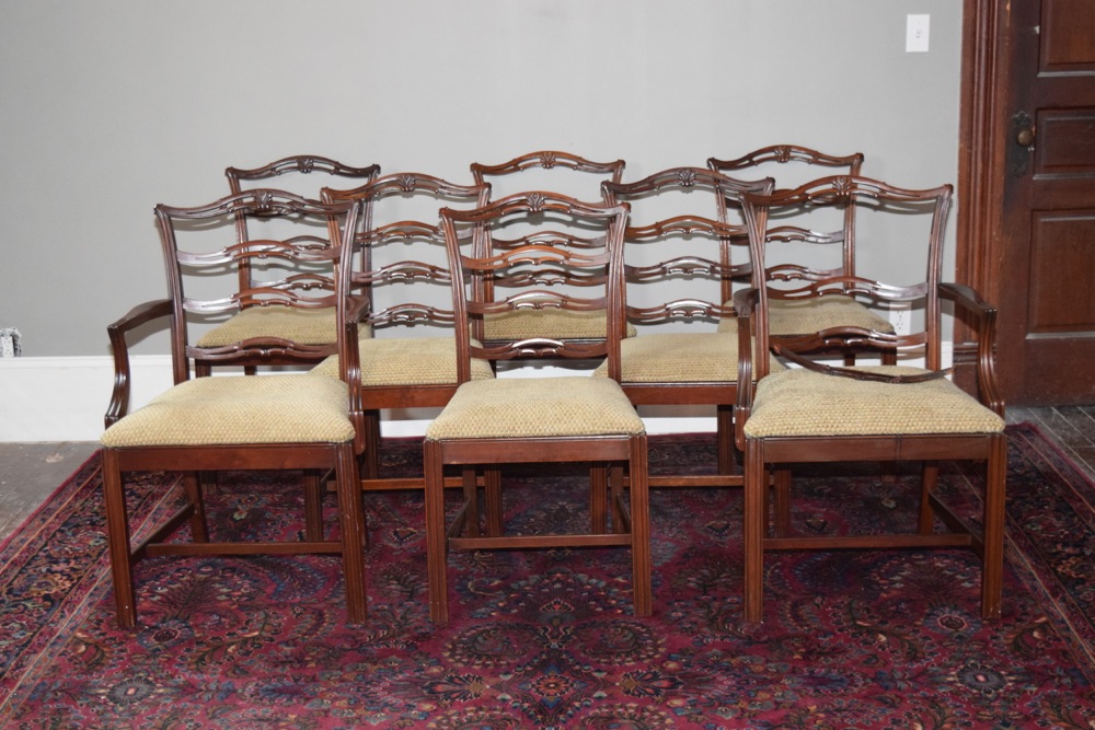 Eight Mahogany Mid-Century Chippendale Style Dining Chairs