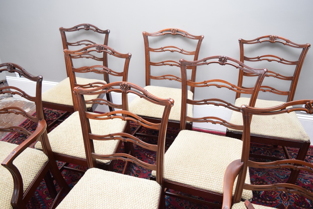 Eight Mahogany Mid-Century Chippendale Style Dining Chairs