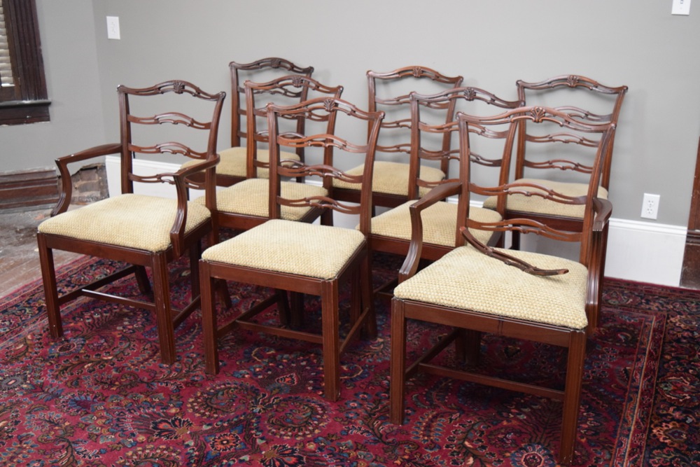 Eight Mahogany Mid-Century Chippendale Style Dining Chairs