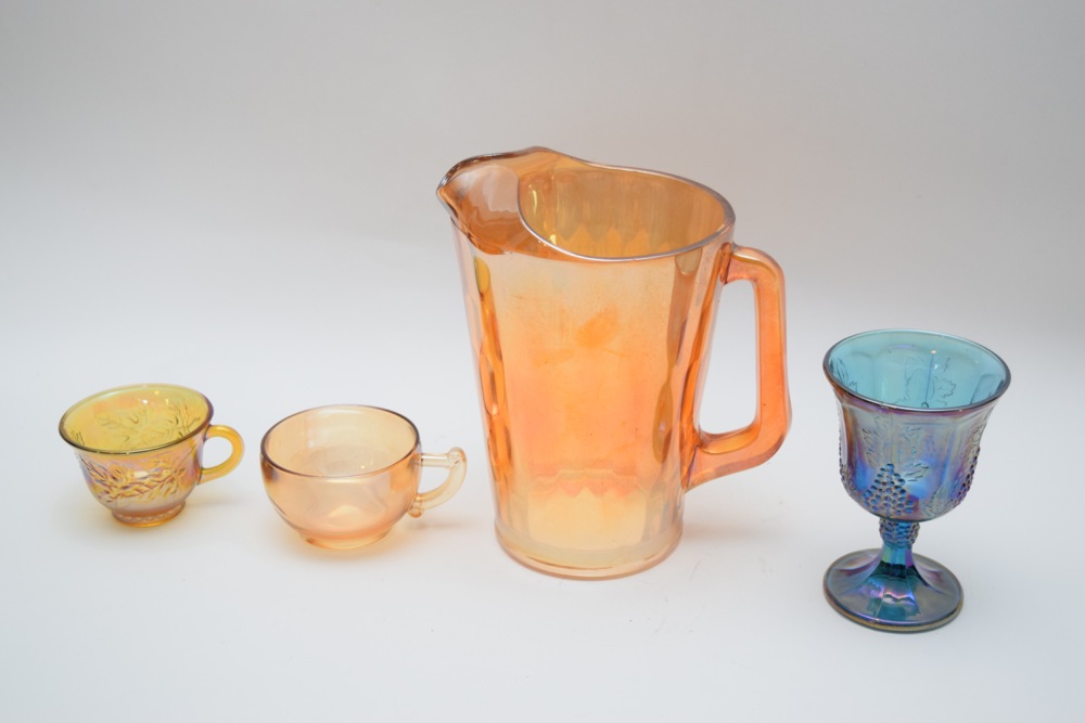 Marigold Carnival Glass Pitcher, Cups and Iridescent Grape Leaf Goblet