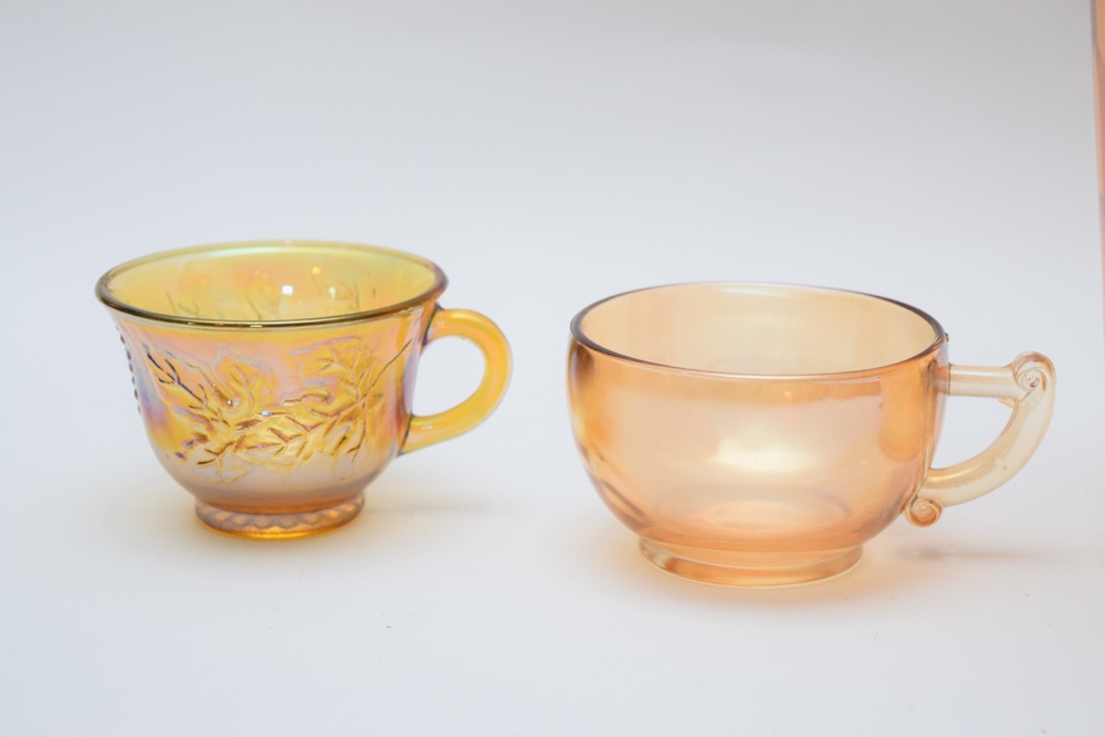 Marigold Carnival Glass Pitcher, Cups and Iridescent Grape Leaf Goblet