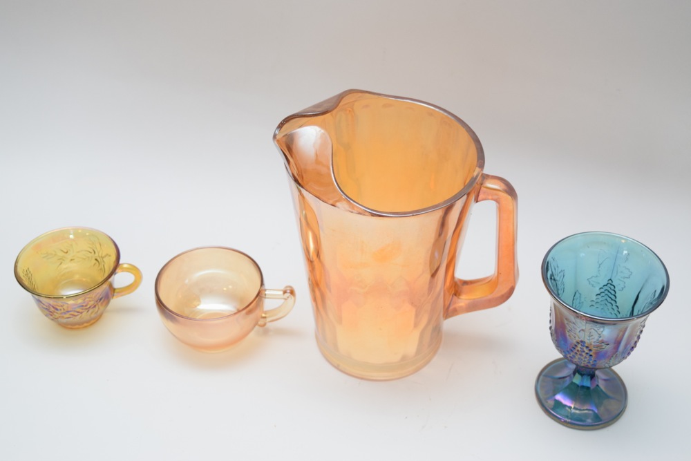 Marigold Carnival Glass Pitcher, Cups and Iridescent Grape Leaf Goblet