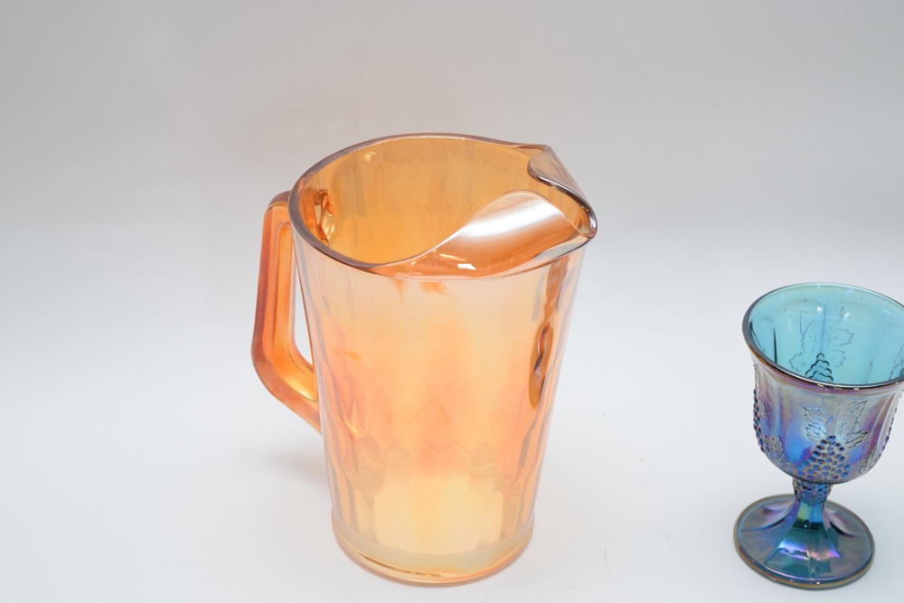 Marigold Carnival Glass Pitcher, Cups and Iridescent Grape Leaf Goblet