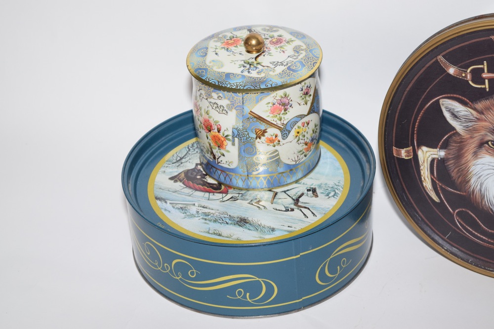 Vintage Tins, Including Signed Foxhunting Themed Tin