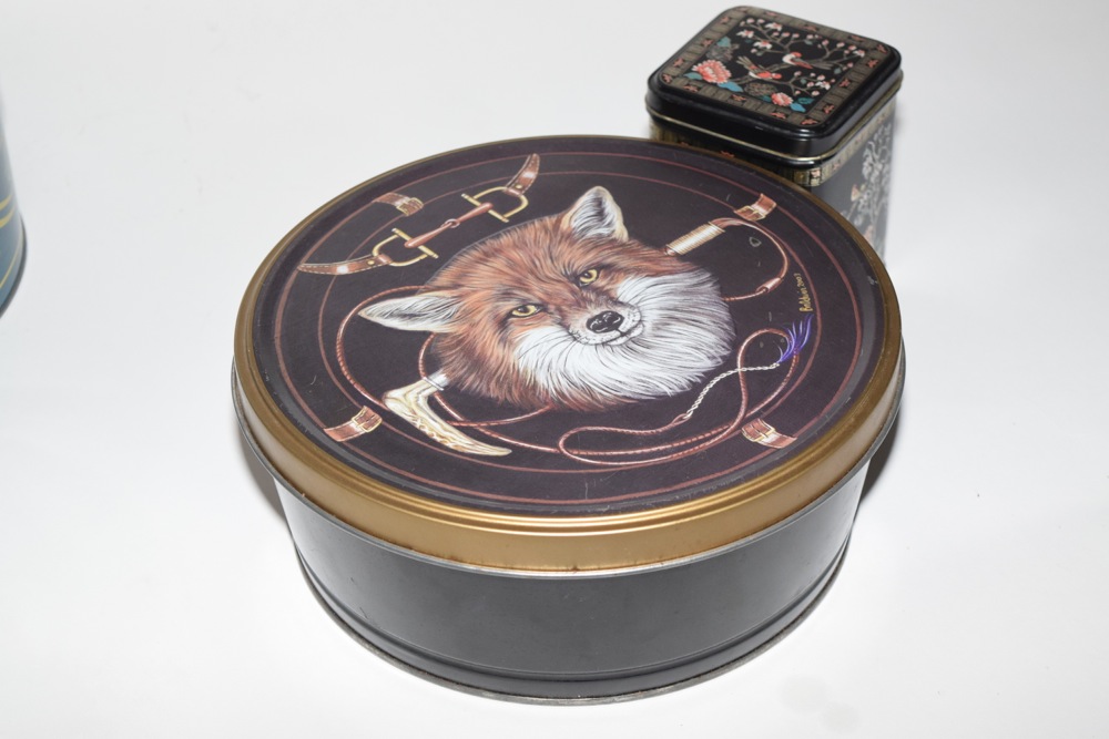 Vintage Tins, Including Signed Foxhunting Themed Tin