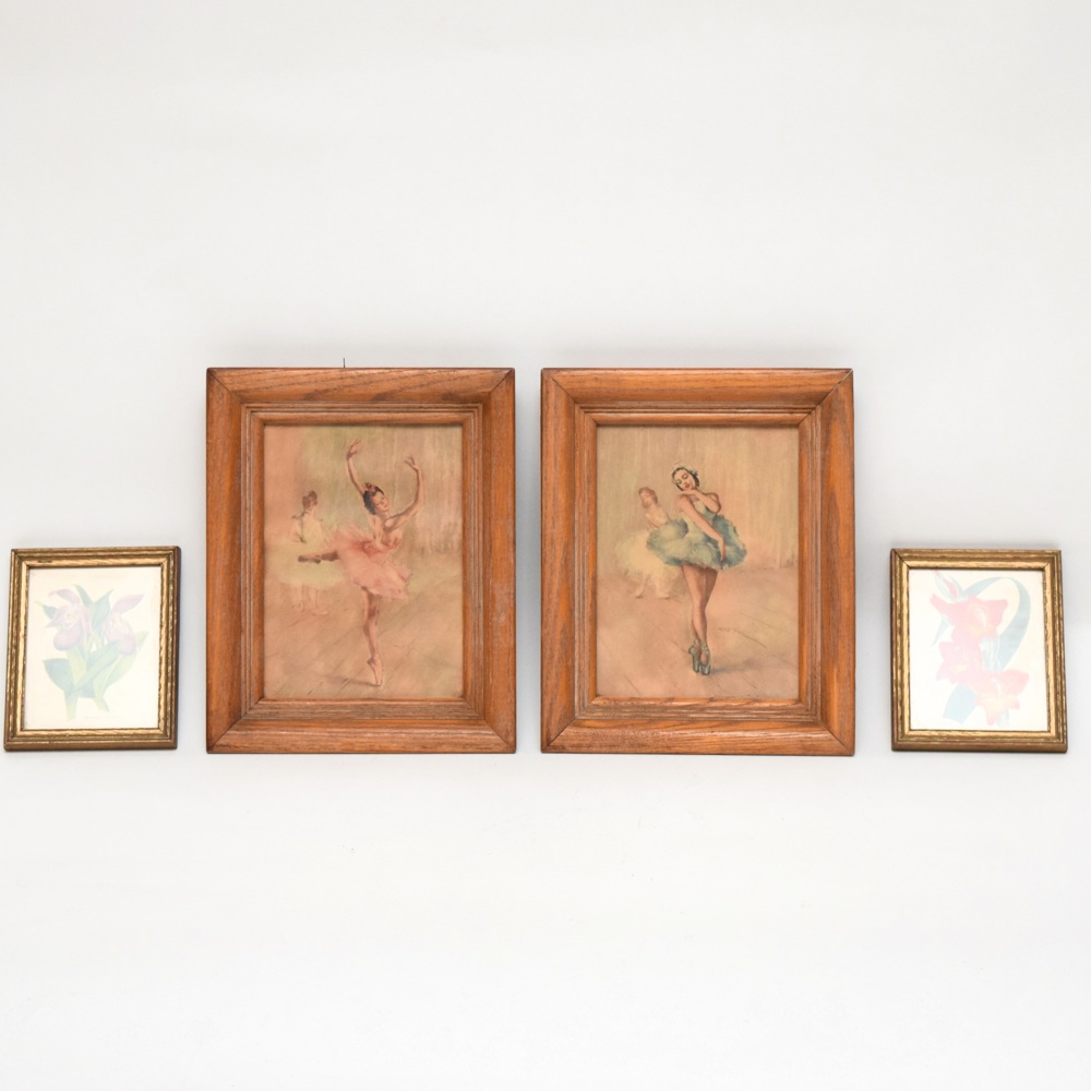Matched Vintage Petite Ballerina and Botanical Study Artworks