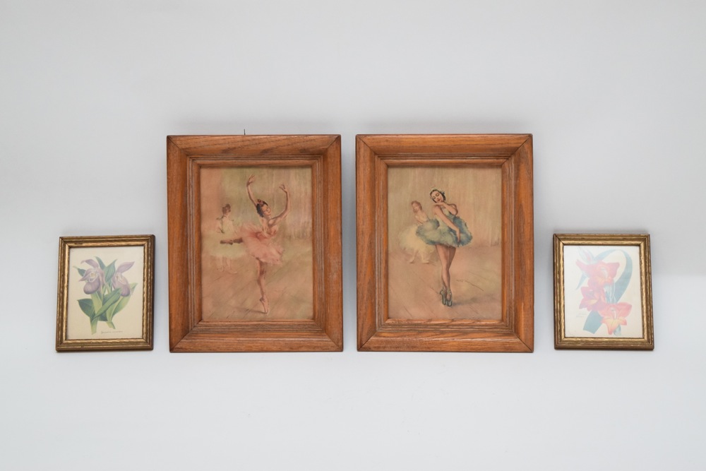 Matched Vintage Petite Ballerina and Botanical Study Artworks