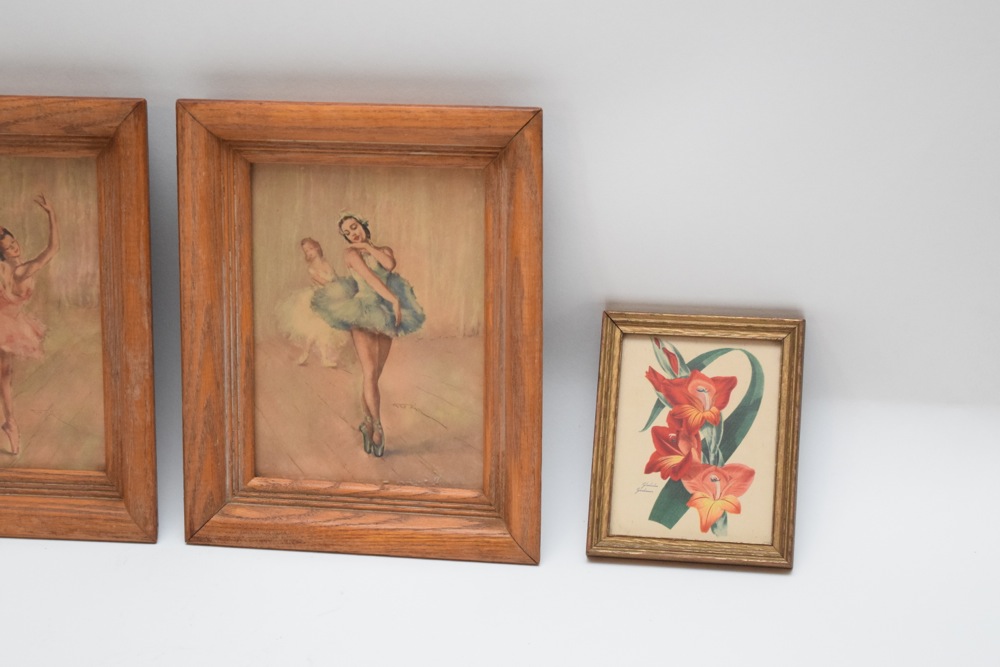 Matched Vintage Petite Ballerina and Botanical Study Artworks