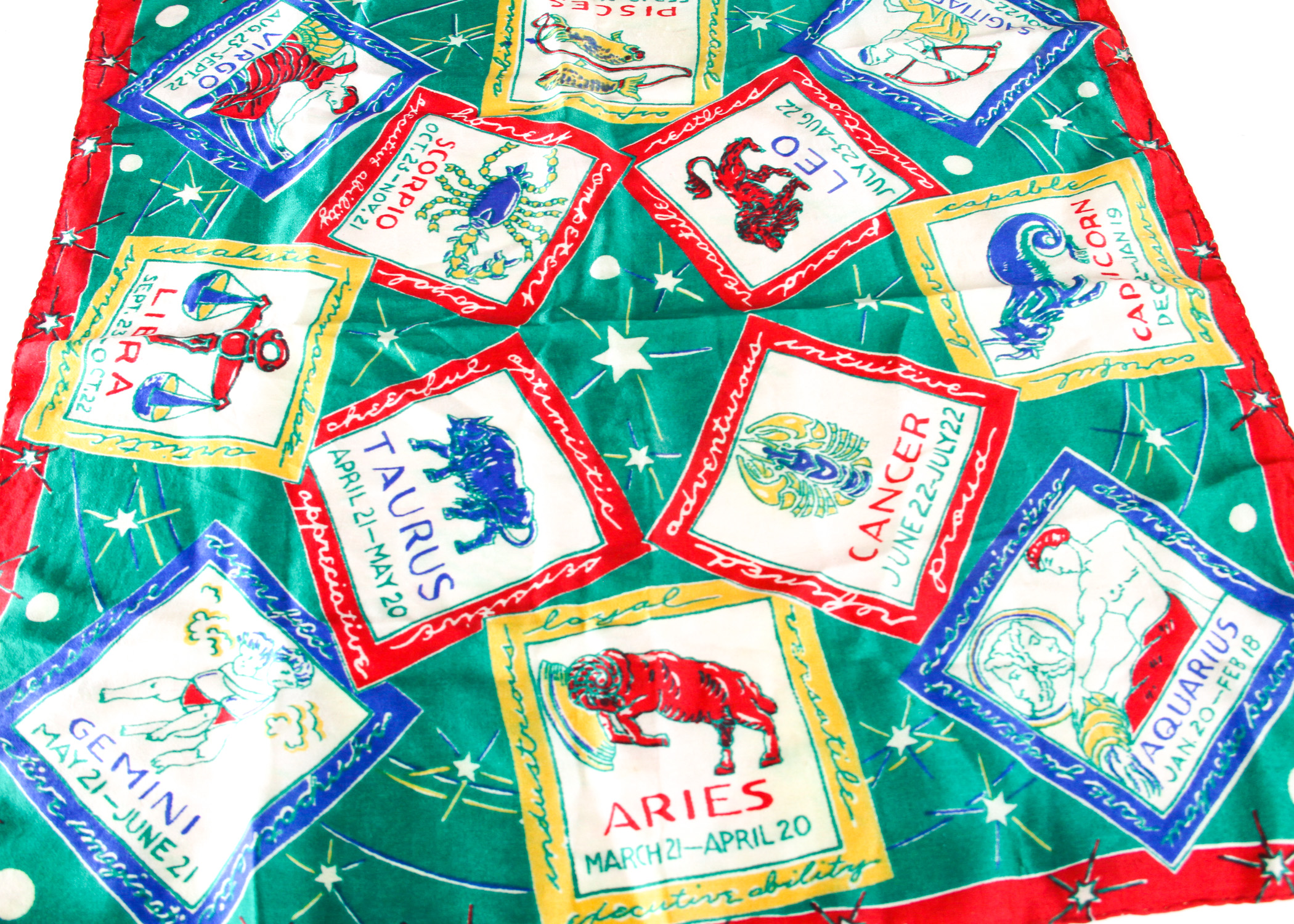 Vintage Astrology Print Silk Scarf and Pierre Cardin Aries Necklace