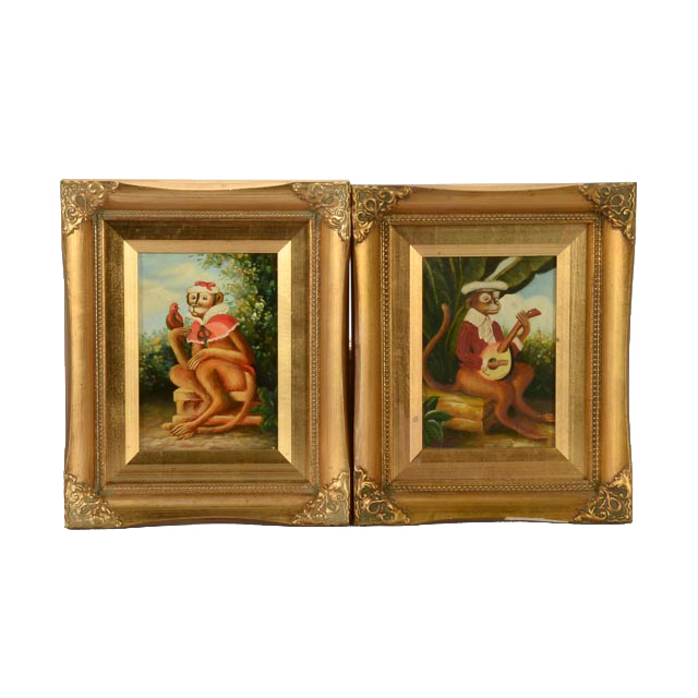 Pair of Robert Grace Oil on Board Monkey Paintings