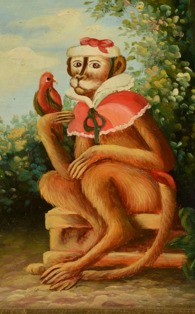Pair of Robert Grace Oil on Board Monkey Paintings