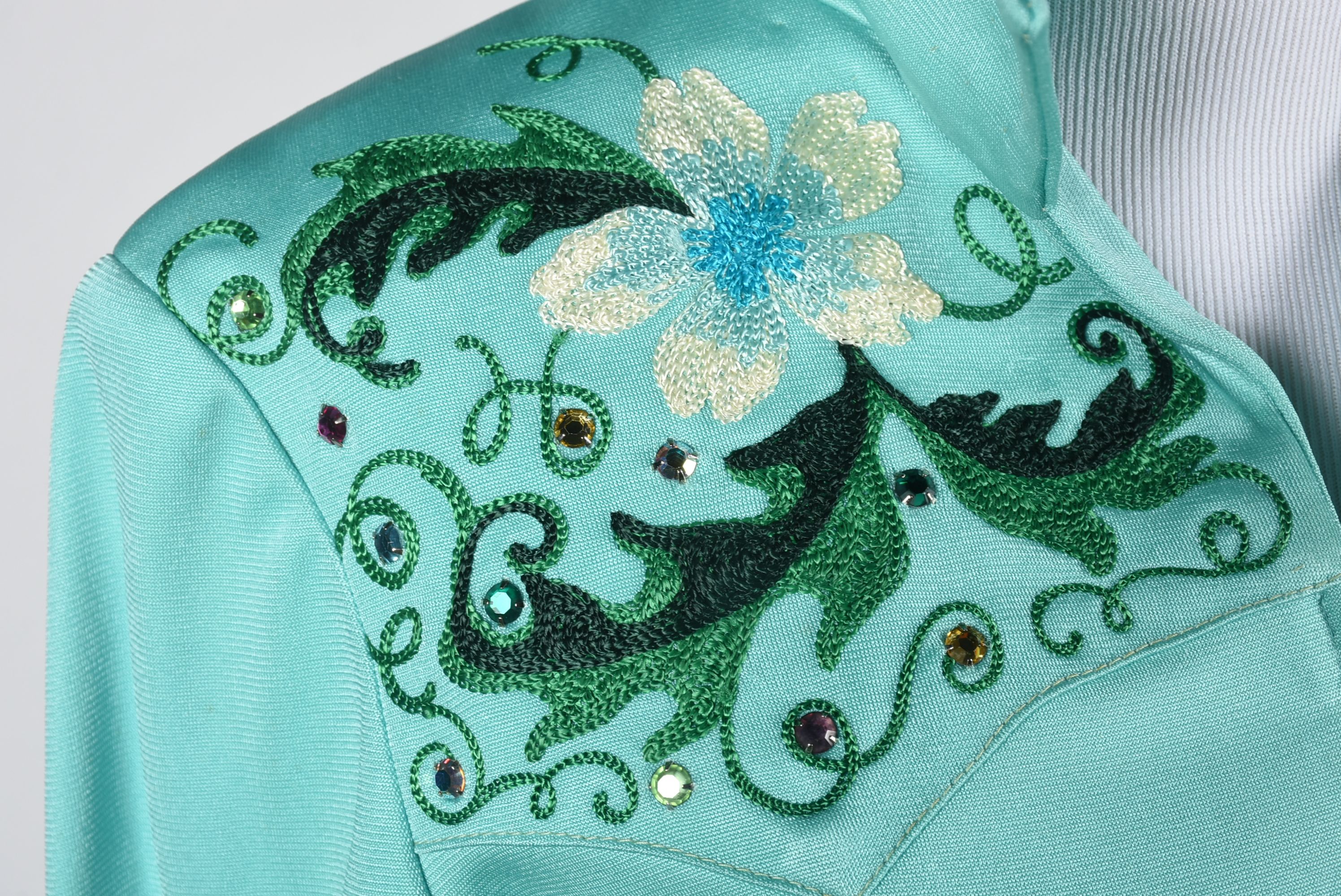 Vintage Custom Made Clara's Western Dress Stage Ensemble in Aqua with Embroidery and Rhinestones