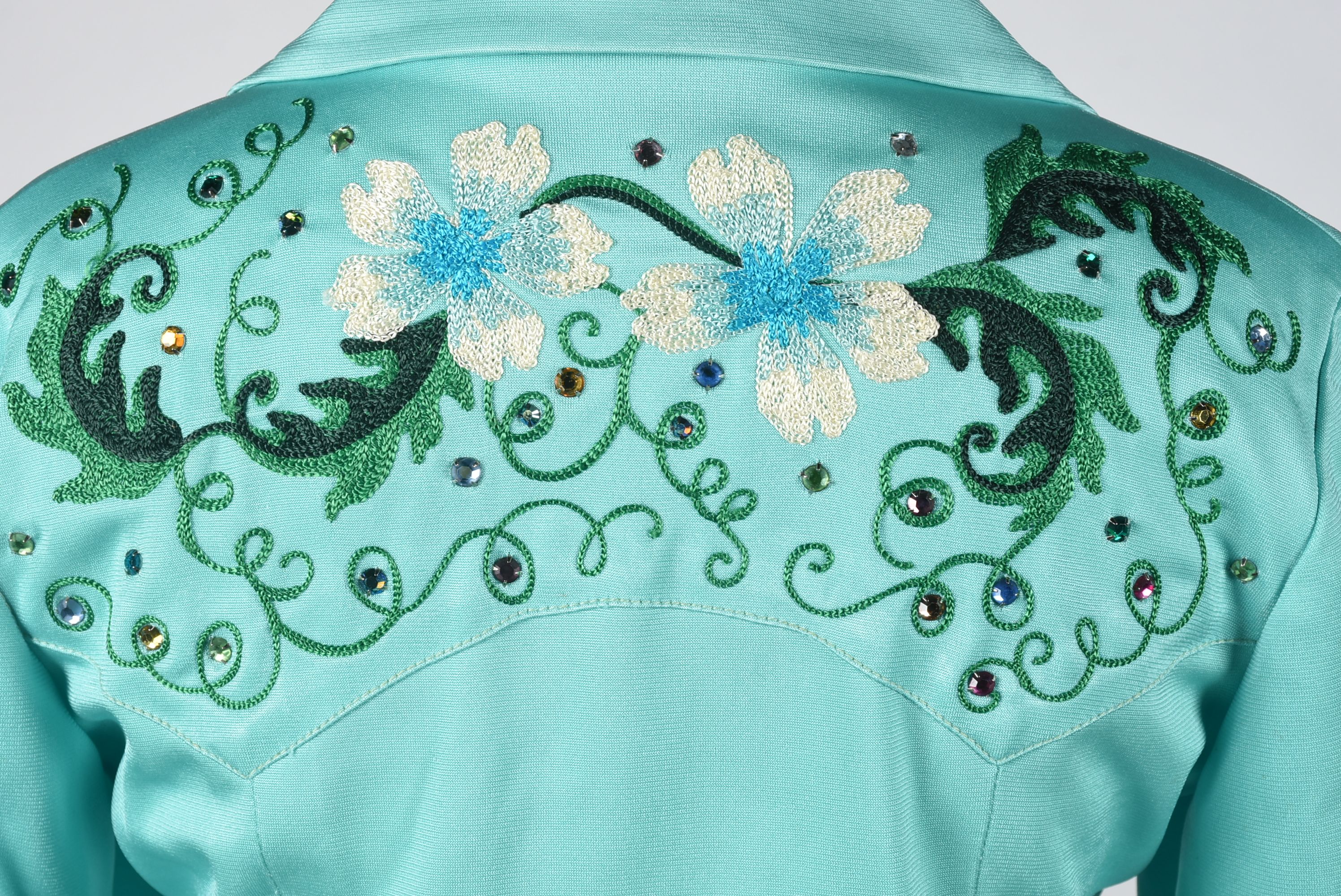 Vintage Custom Made Clara's Western Dress Stage Ensemble in Aqua with Embroidery and Rhinestones