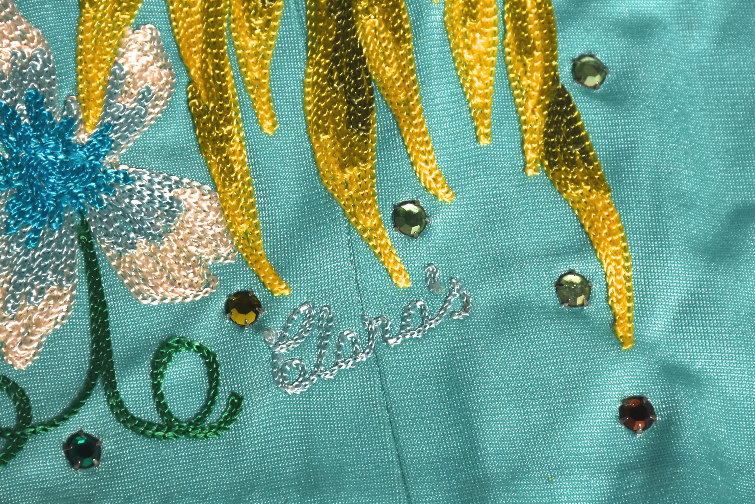 Vintage Custom Made Clara's Western Dress Stage Ensemble in Aqua with Embroidery and Rhinestones