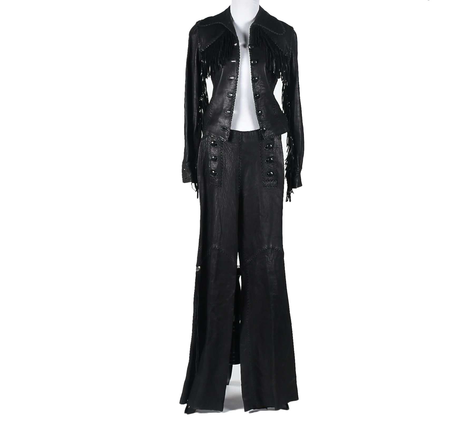 70s Vintage Mexican Hand Crafted for North Beach Leather Black Leather Stage Ensemble with Fringe