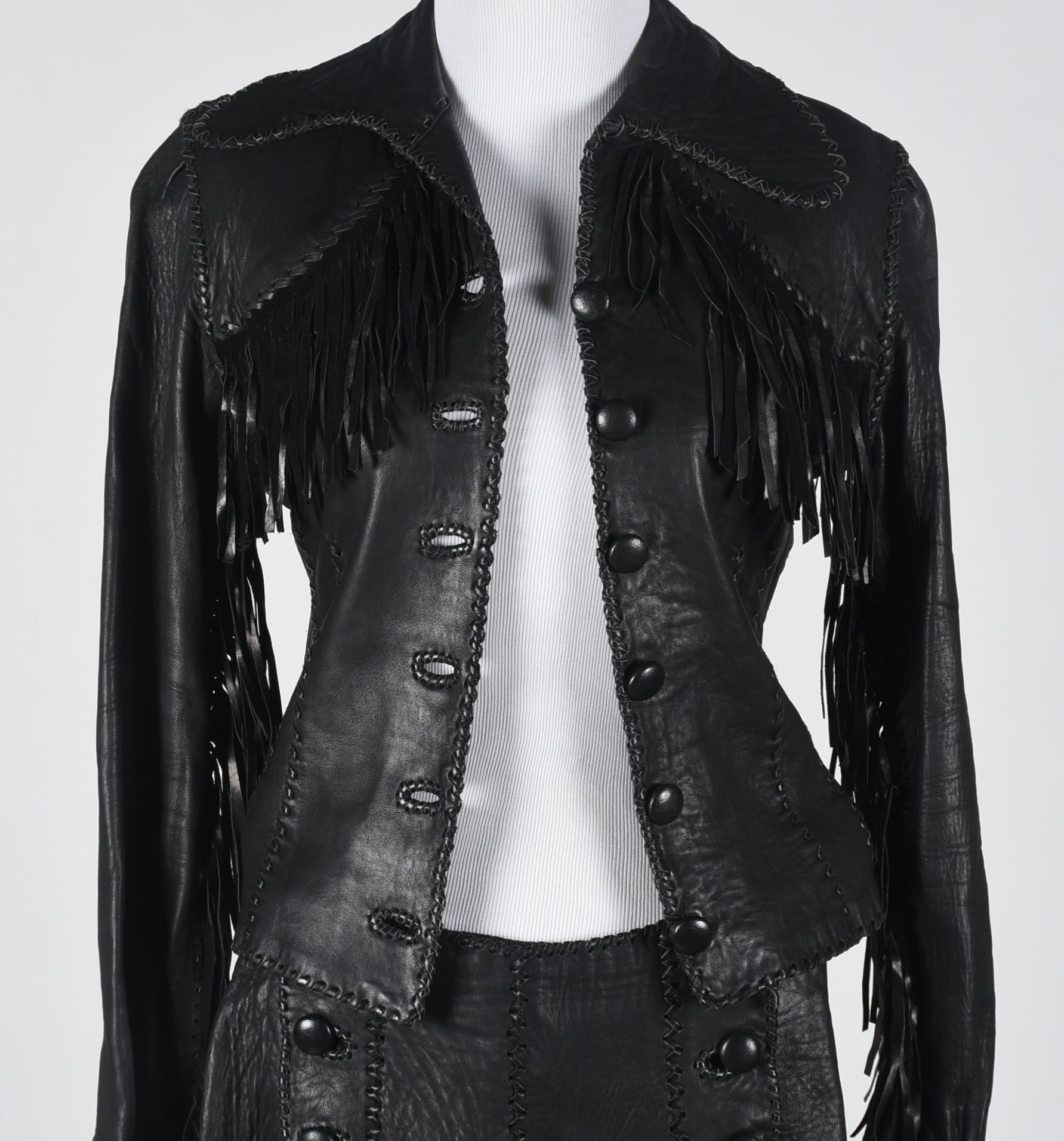 70s Vintage Mexican Hand Crafted for North Beach Leather Black Leather Stage Ensemble with Fringe