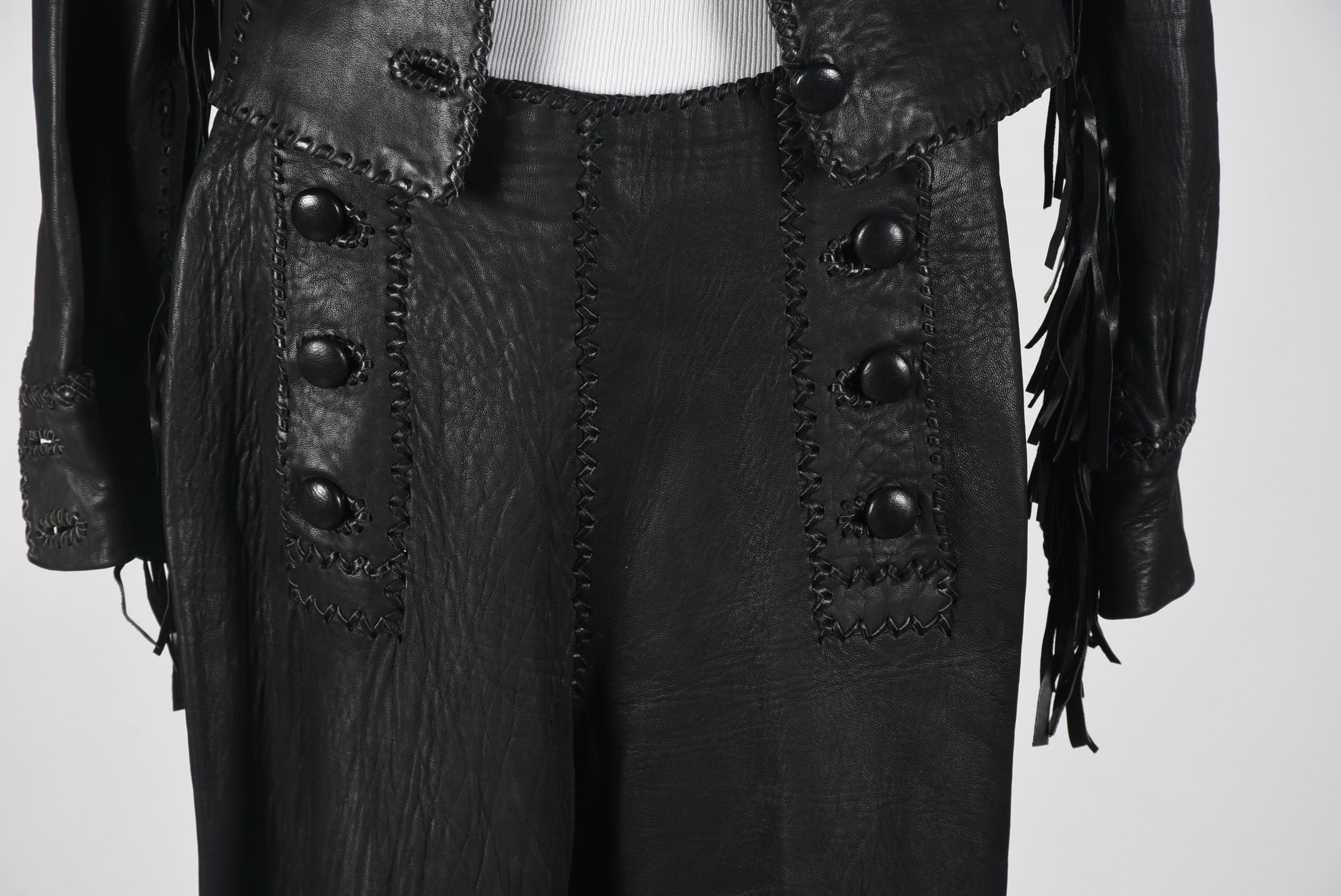 70s Vintage Mexican Hand Crafted for North Beach Leather Black Leather Stage Ensemble with Fringe