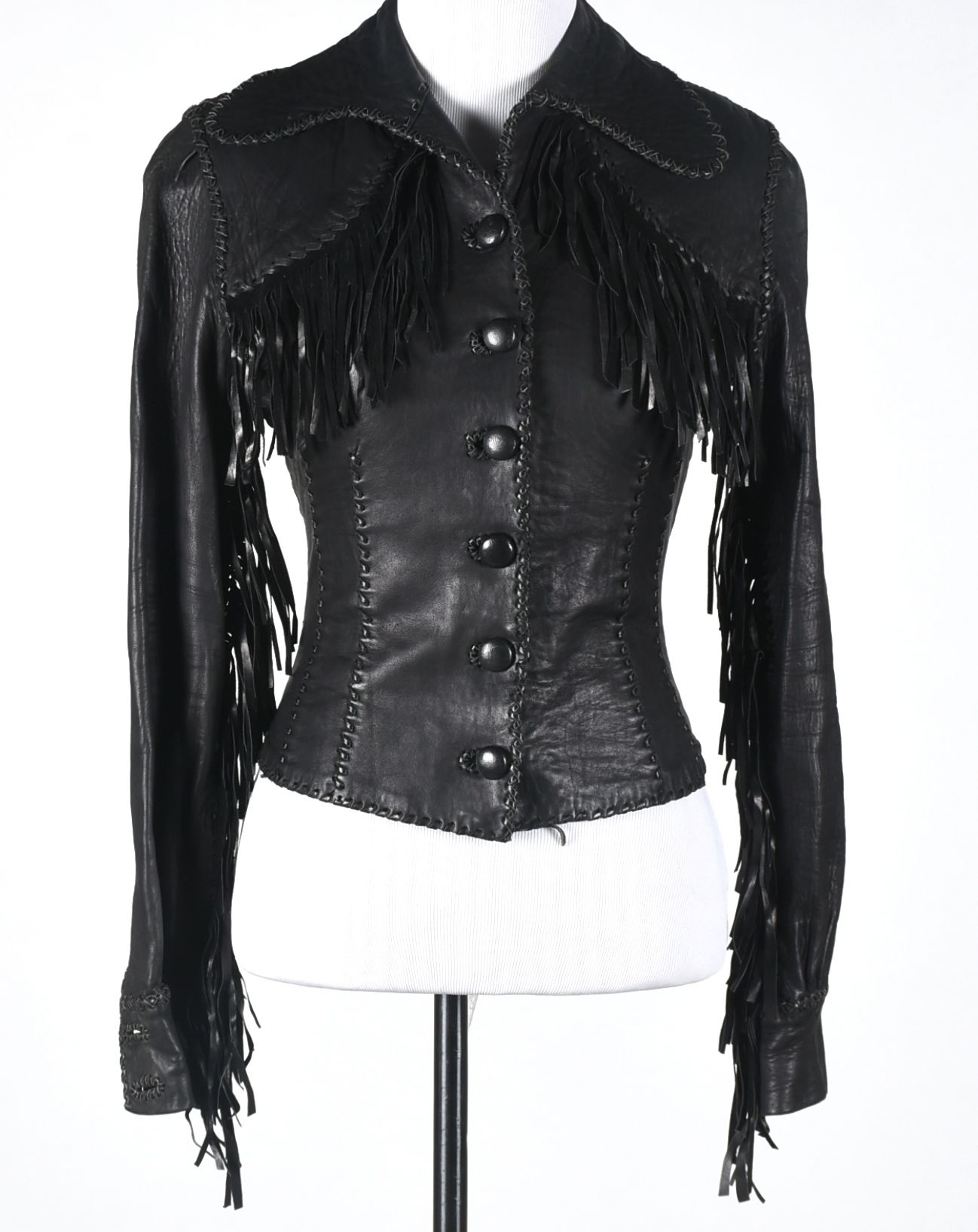 70s Vintage Mexican Hand Crafted for North Beach Leather Black Leather Stage Ensemble with Fringe