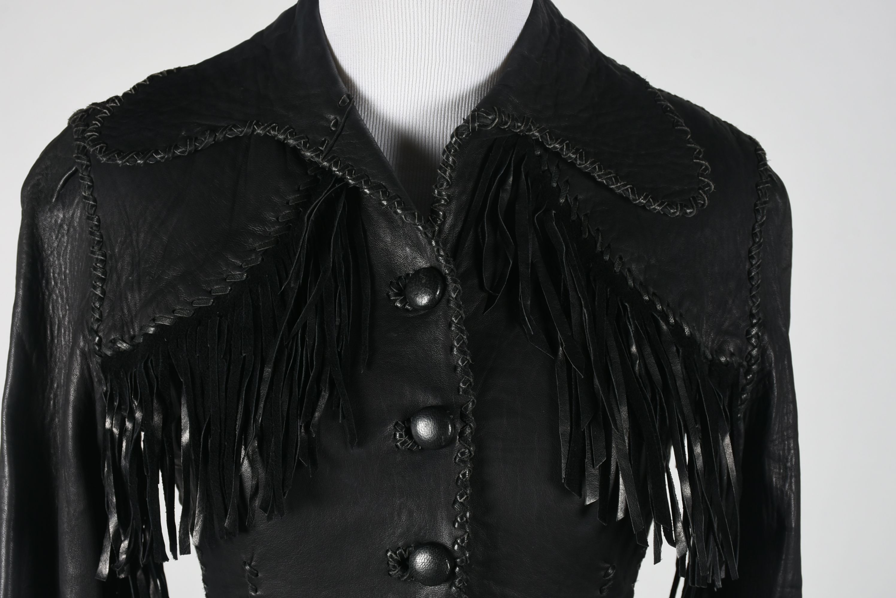 70s Vintage Mexican Hand Crafted for North Beach Leather Black Leather Stage Ensemble with Fringe