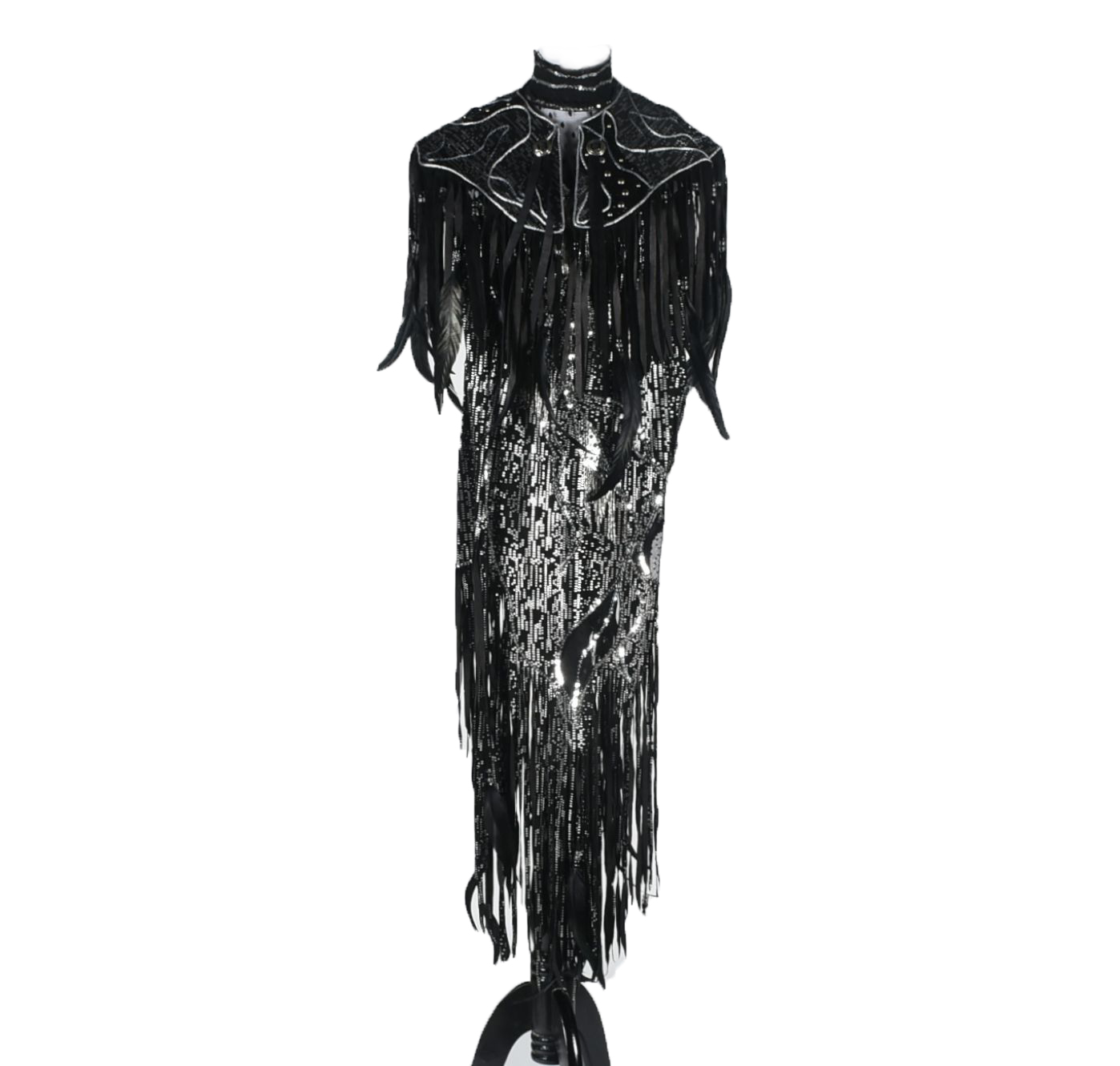 Custom Made Black and Silver Metallic Stage Dress Ensemble with Fringe