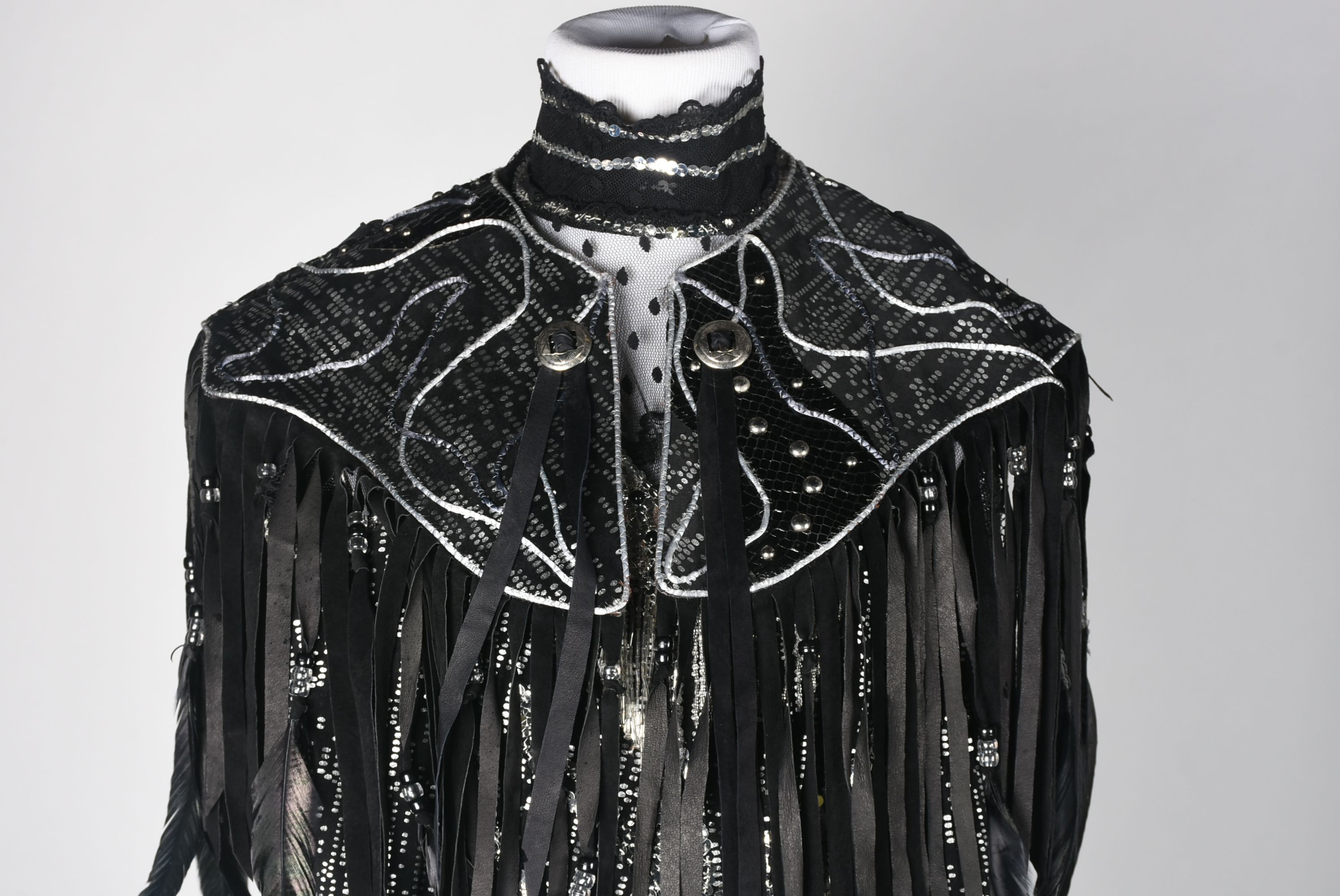 Custom Made Black and Silver Metallic Stage Dress Ensemble with Fringe