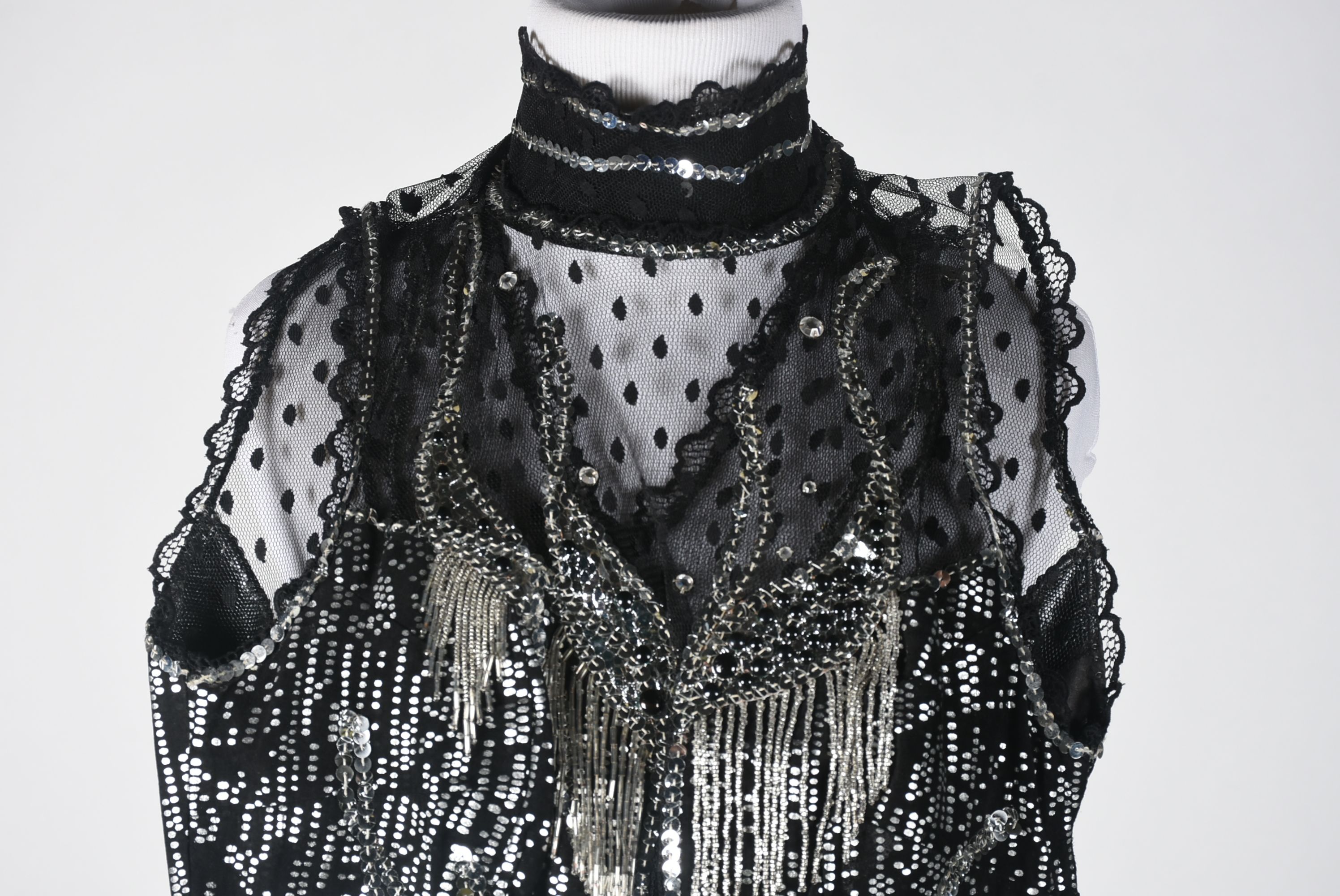 Custom Made Black and Silver Metallic Stage Dress Ensemble with Fringe