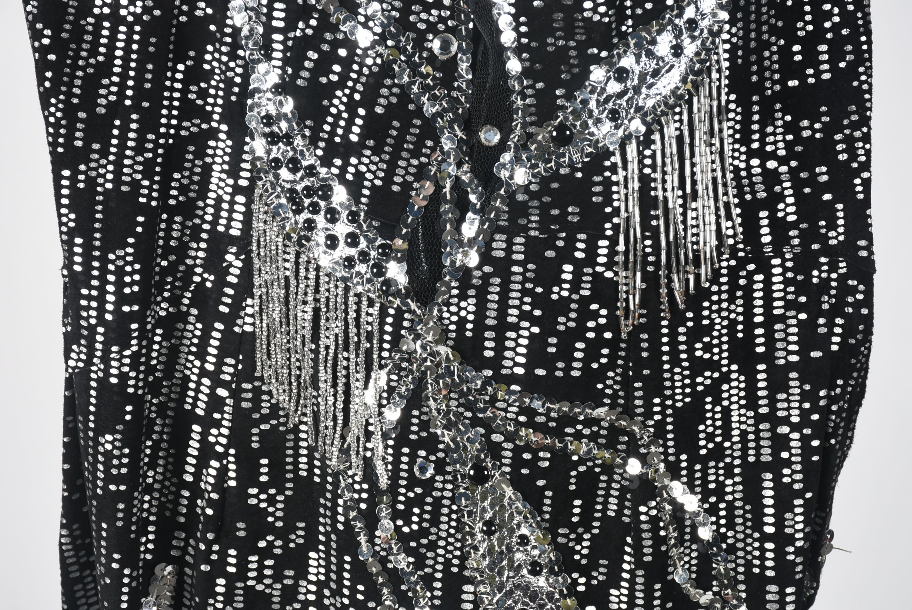 Custom Made Black and Silver Metallic Stage Dress Ensemble with Fringe