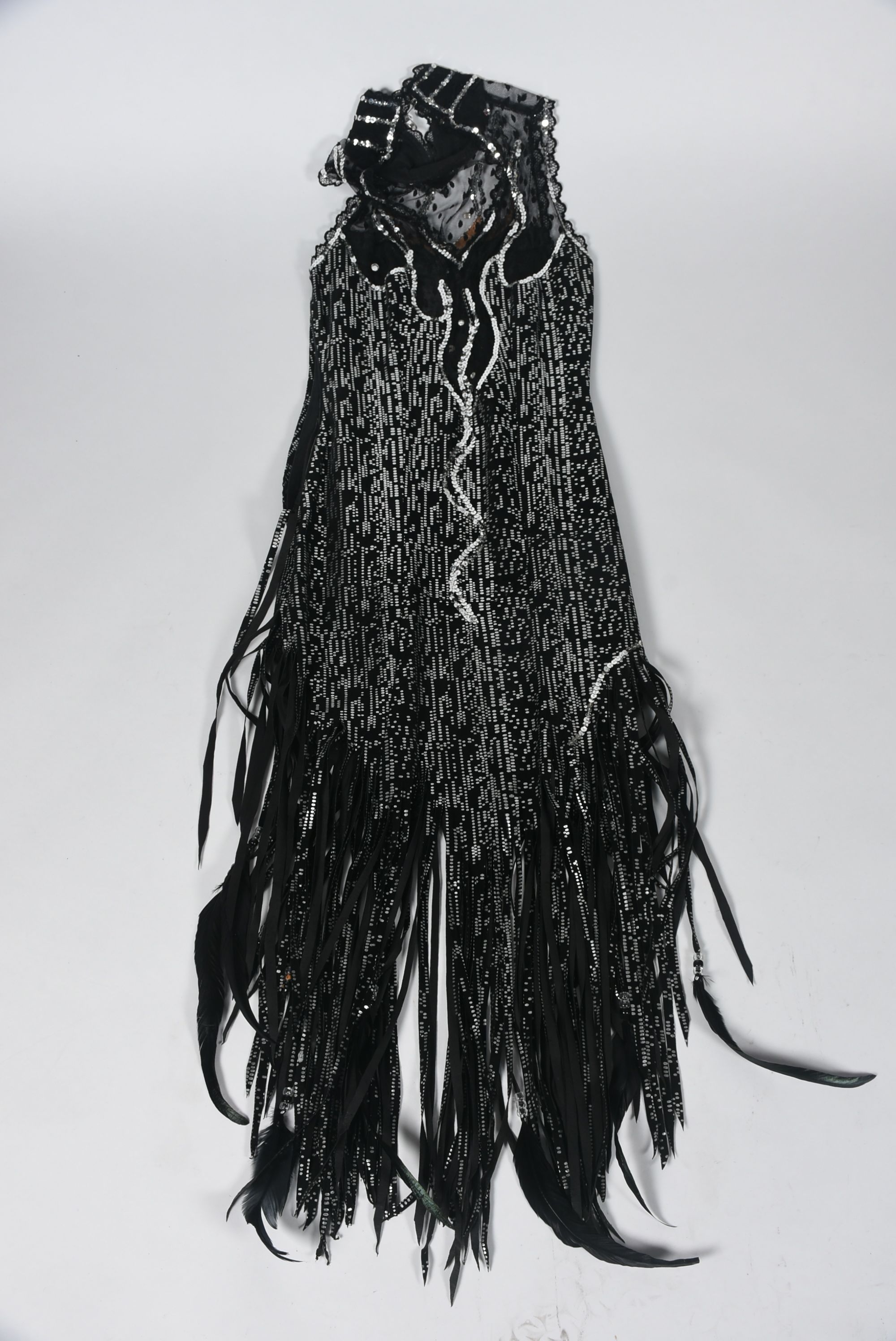Custom Made Black and Silver Metallic Stage Dress Ensemble with Fringe