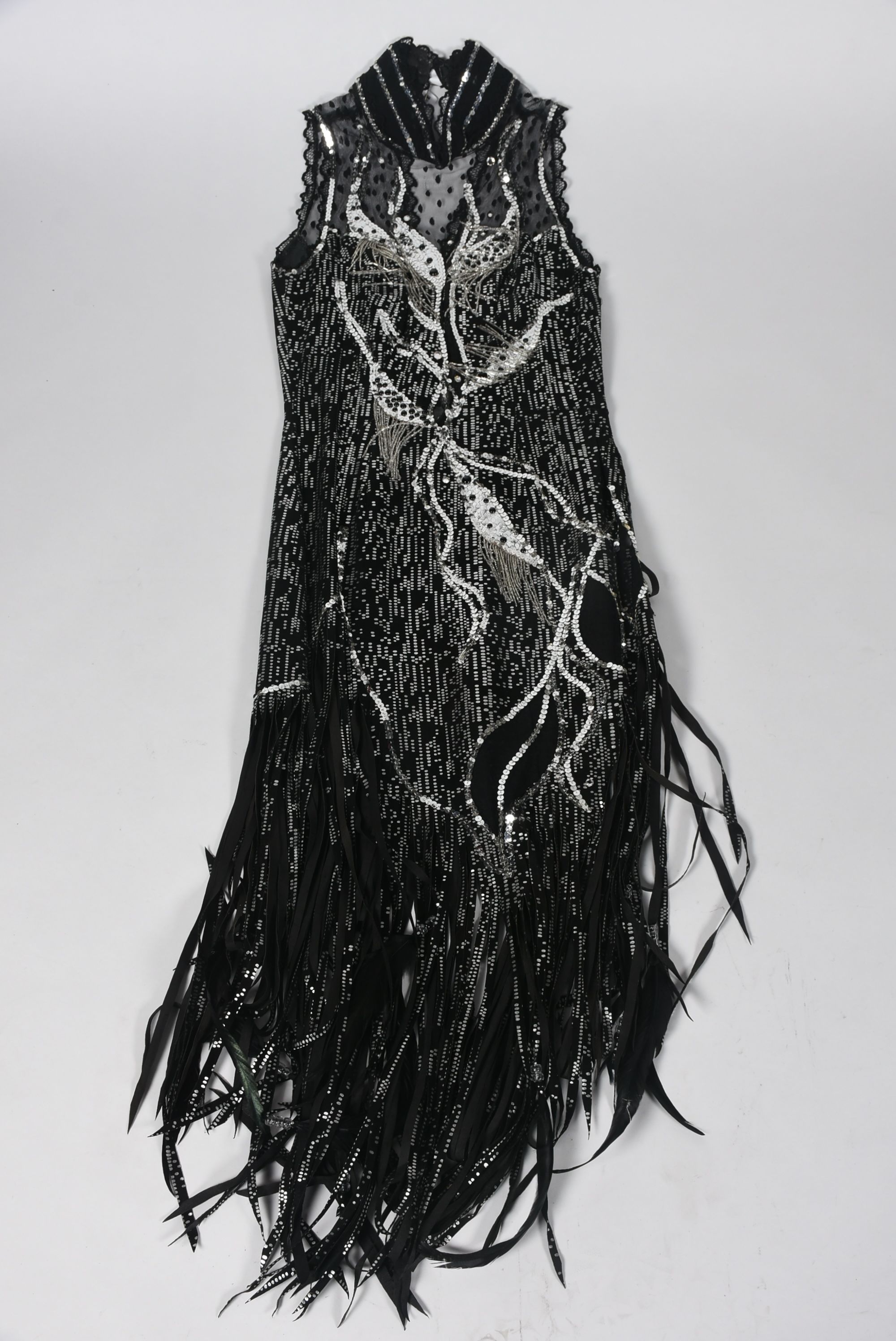 Custom Made Black and Silver Metallic Stage Dress Ensemble with Fringe