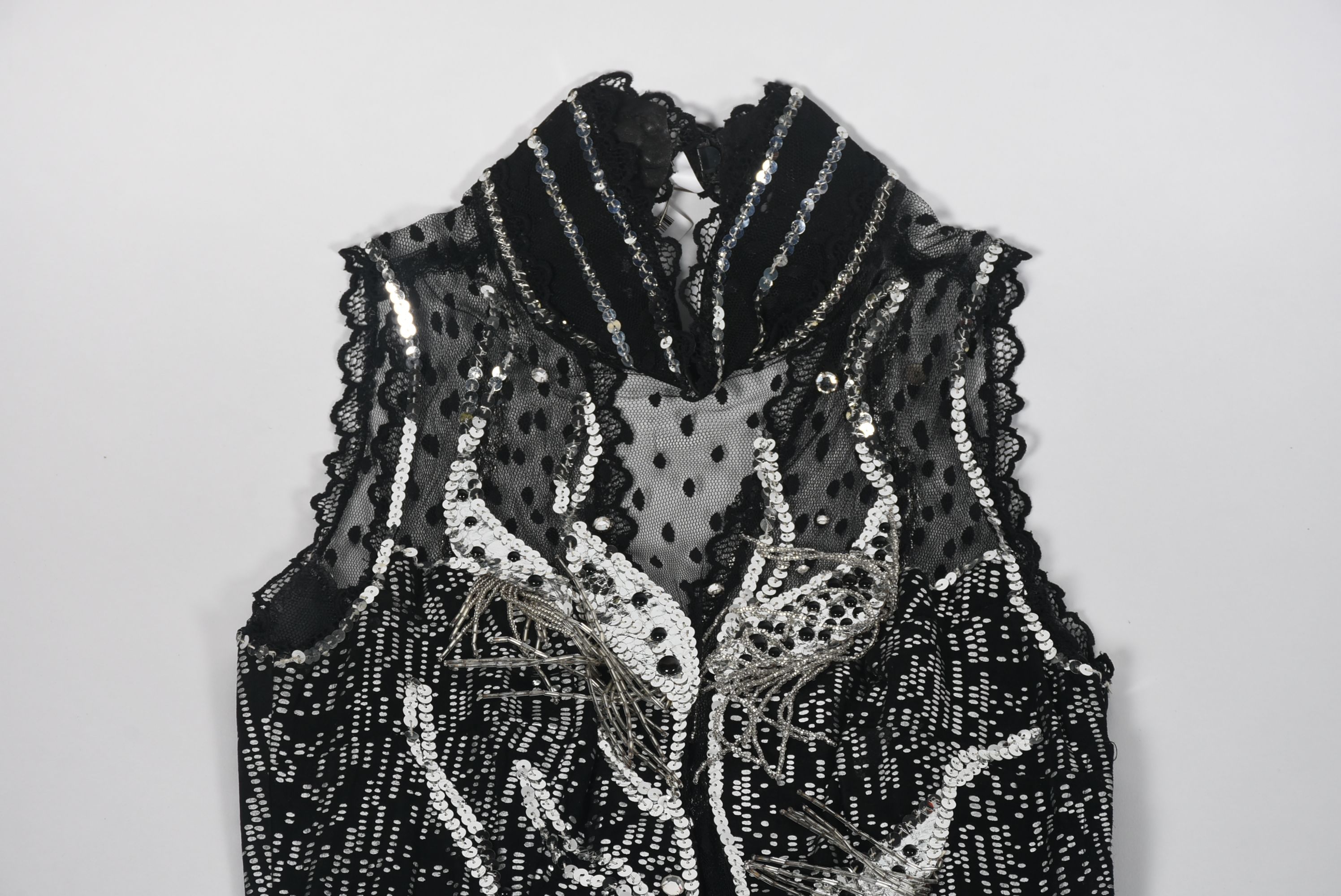 Custom Made Black and Silver Metallic Stage Dress Ensemble with Fringe