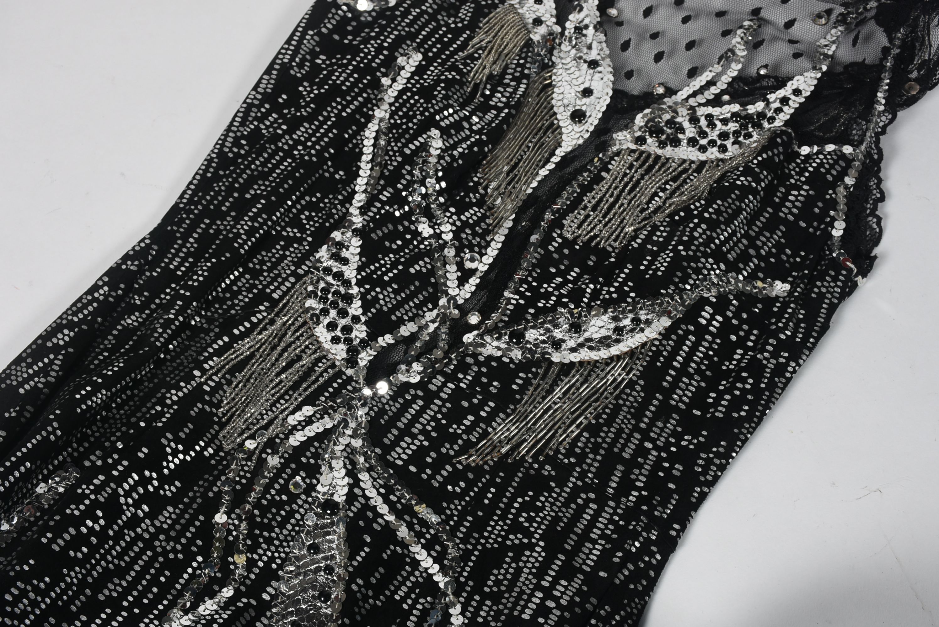 Custom Made Black and Silver Metallic Stage Dress Ensemble with Fringe