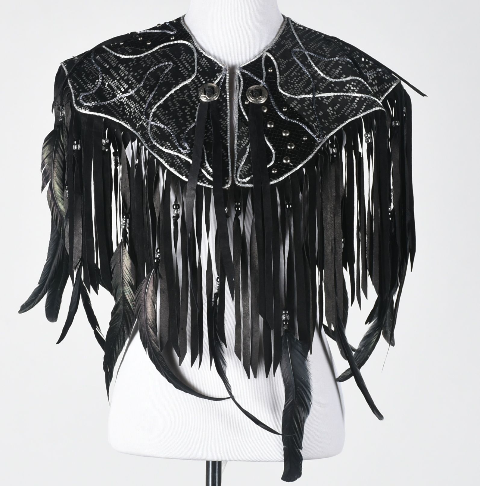 Custom Made Black and Silver Metallic Stage Dress Ensemble with Fringe