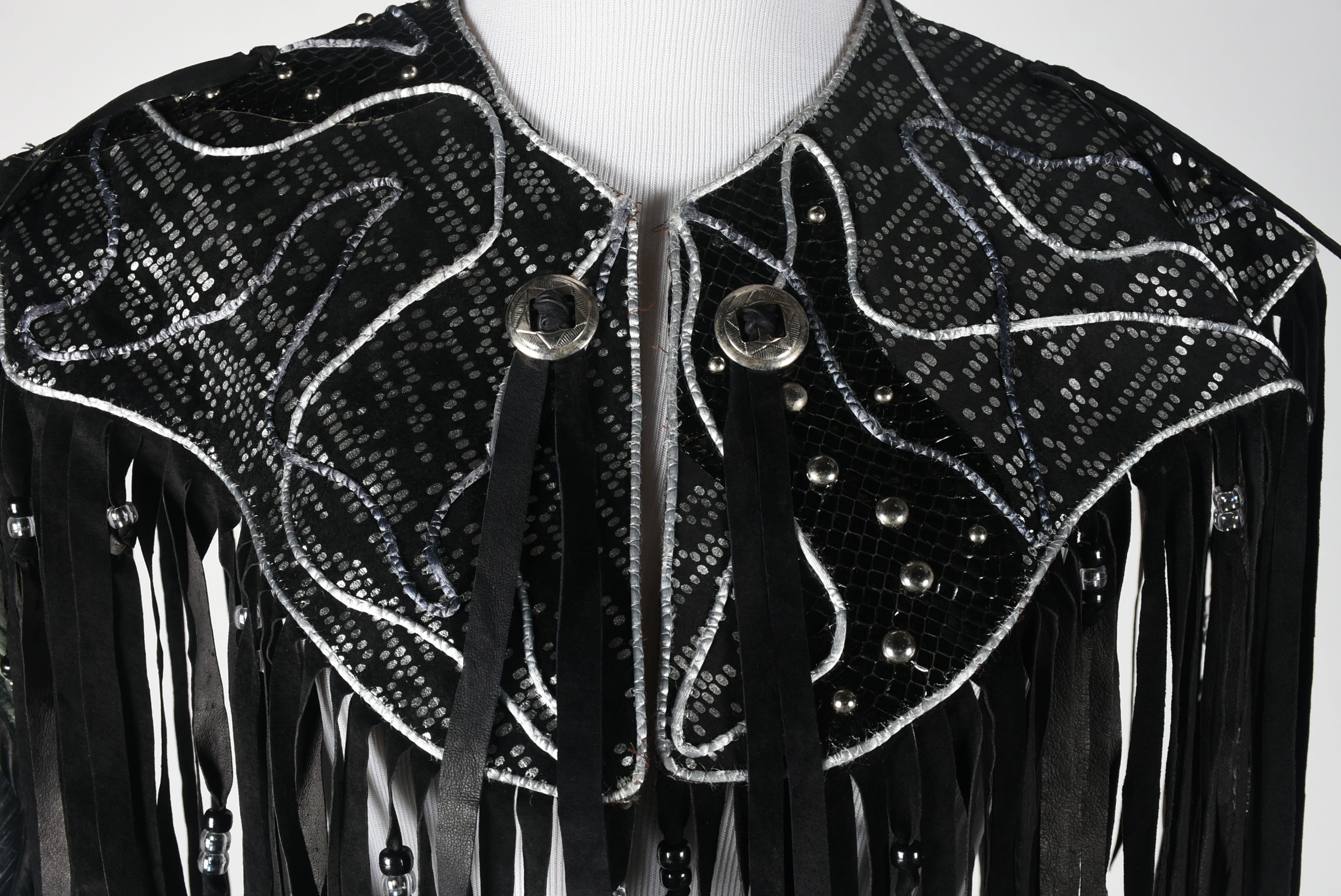 Custom Made Black and Silver Metallic Stage Dress Ensemble with Fringe